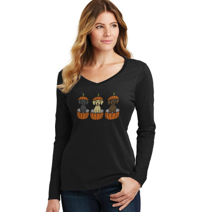 3 Pumpkin Lab Pups - Women's V-Neck Long Sleeve T-Shirt