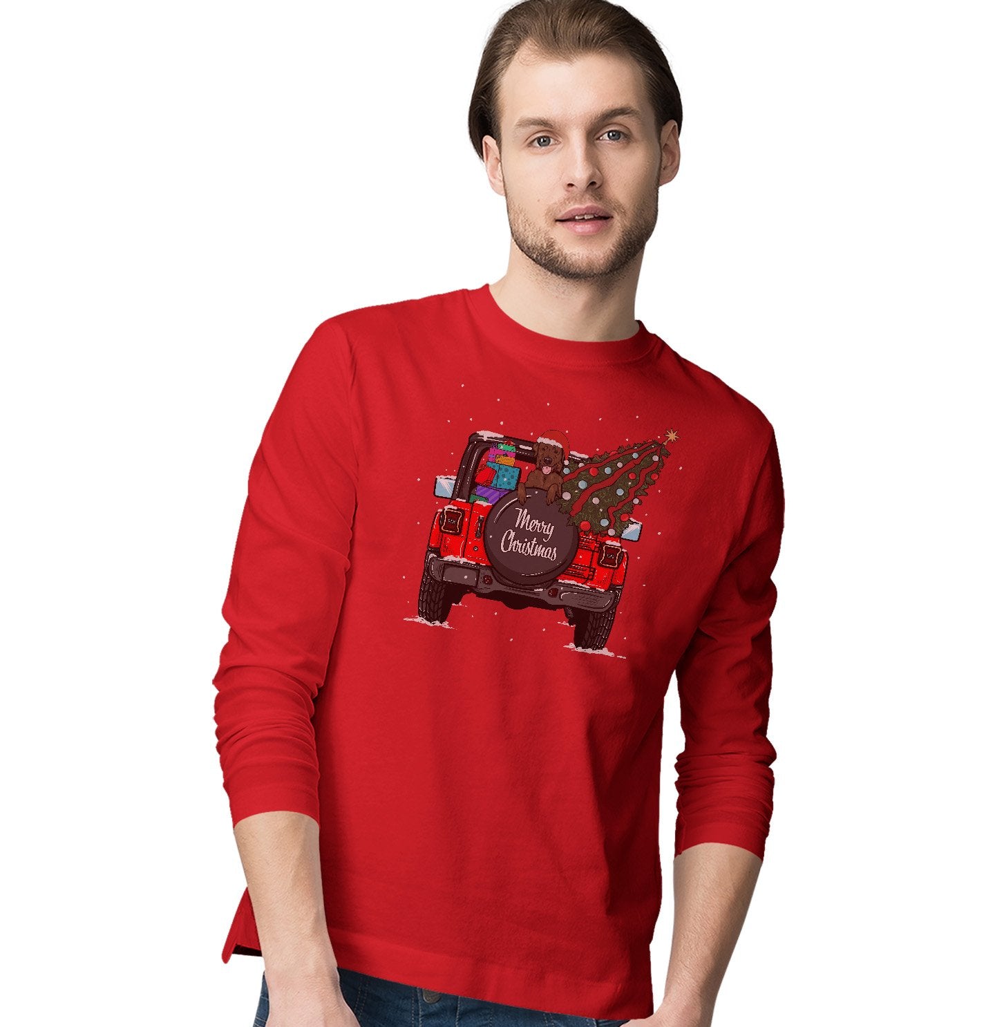 Animal Pride - Christmas Jeep Chocolate Lab - Adult Unisex Long Sleeve T-Shirt