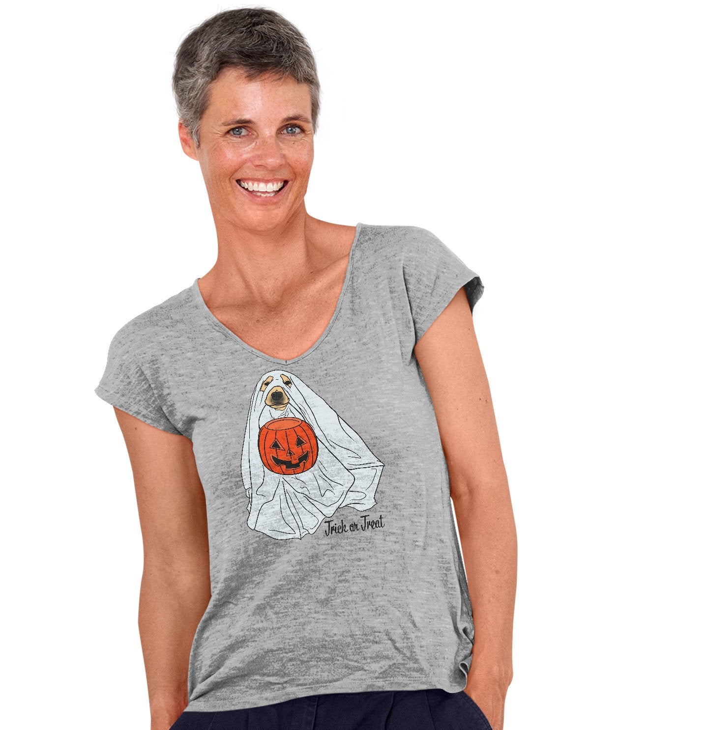 Trick or Treat Ghost Dog - Women's V-Neck T-Shirt