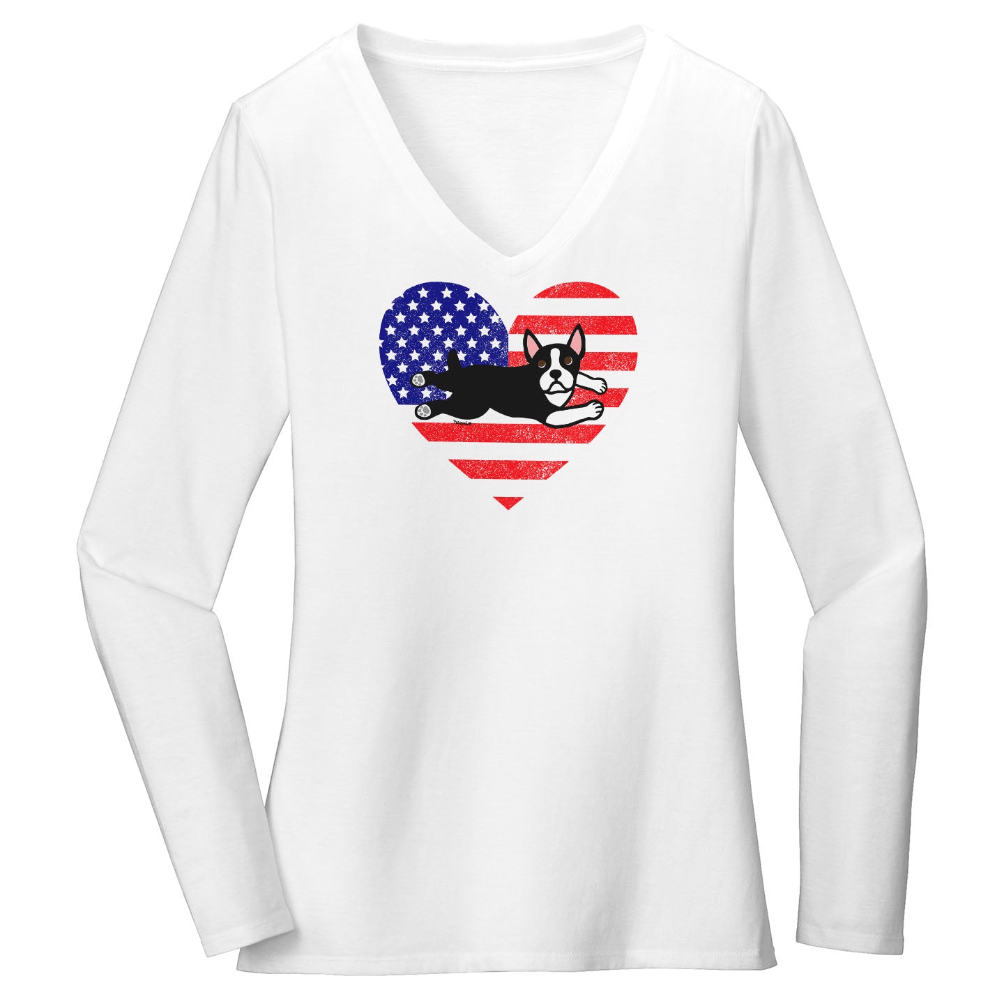 USA Flag Boston Terrier Puppy - Women's V-Neck Long Sleeve T-Shirt