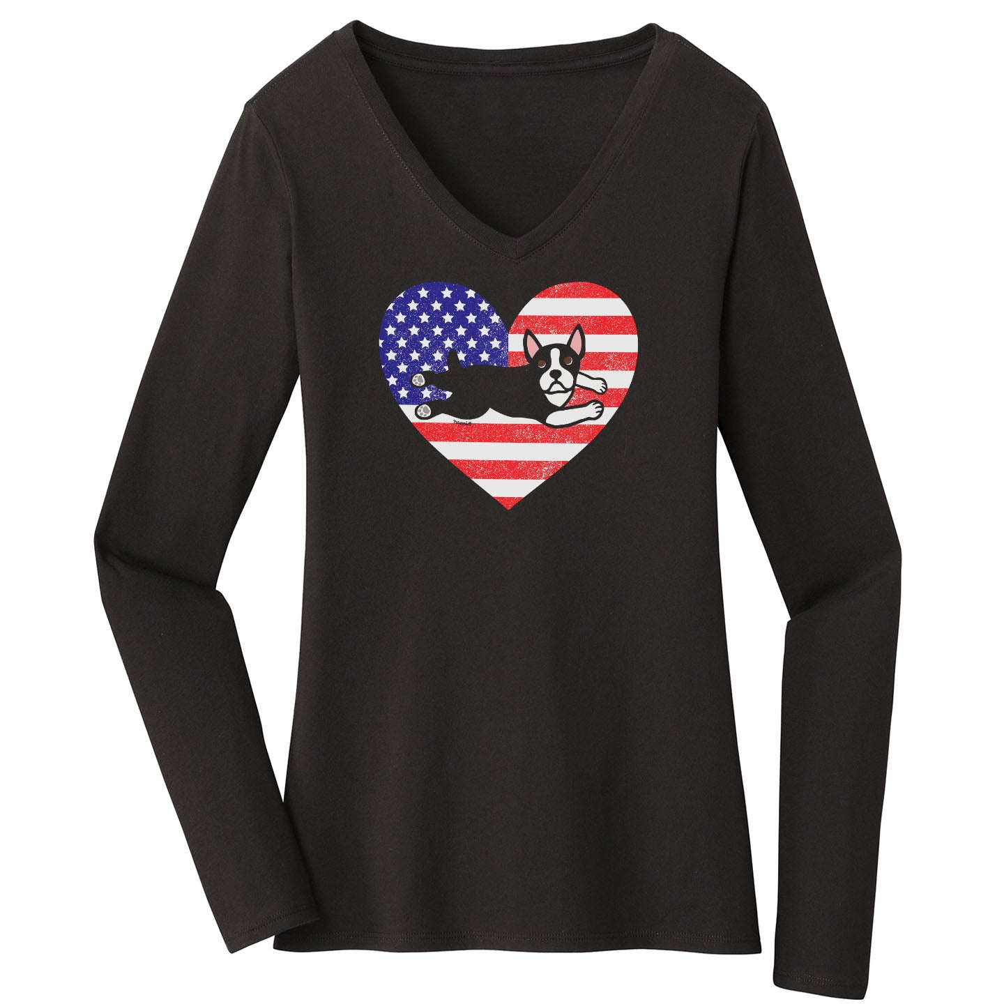 USA Flag Boston Terrier Puppy - Women's V-Neck Long Sleeve T-Shirt