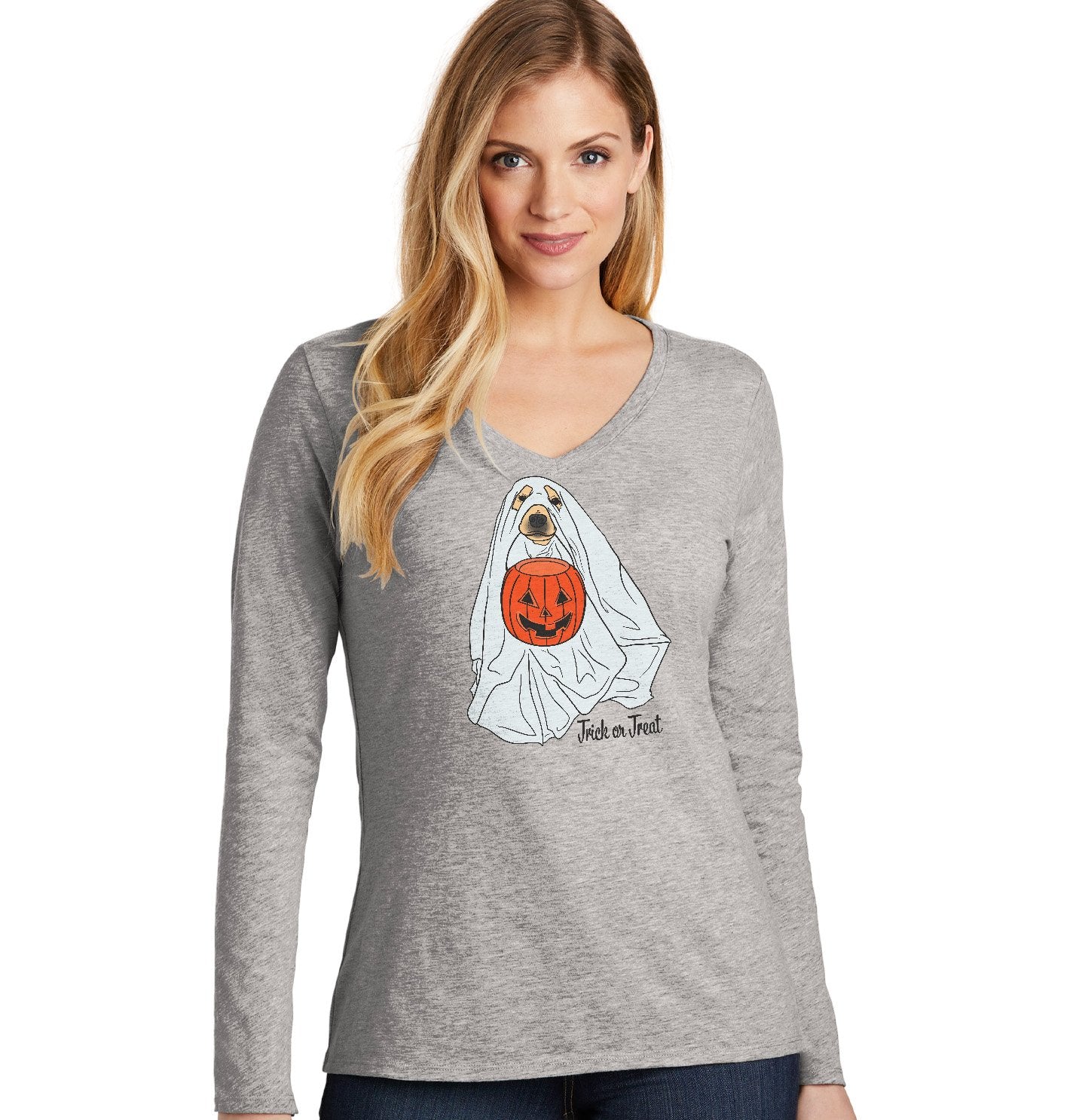 Animal Pride - Trick or Treat Ghost Dog - Women's V-Neck Long Sleeve T-Shirt