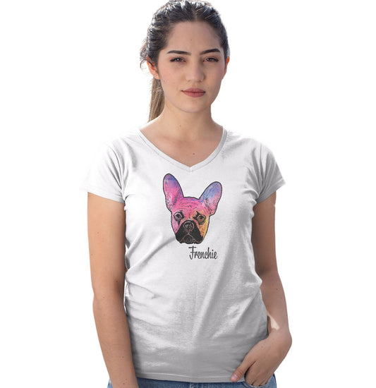 Animal Pride - Colorful Frenchie Headshot - Women's V-Neck T-Shirt