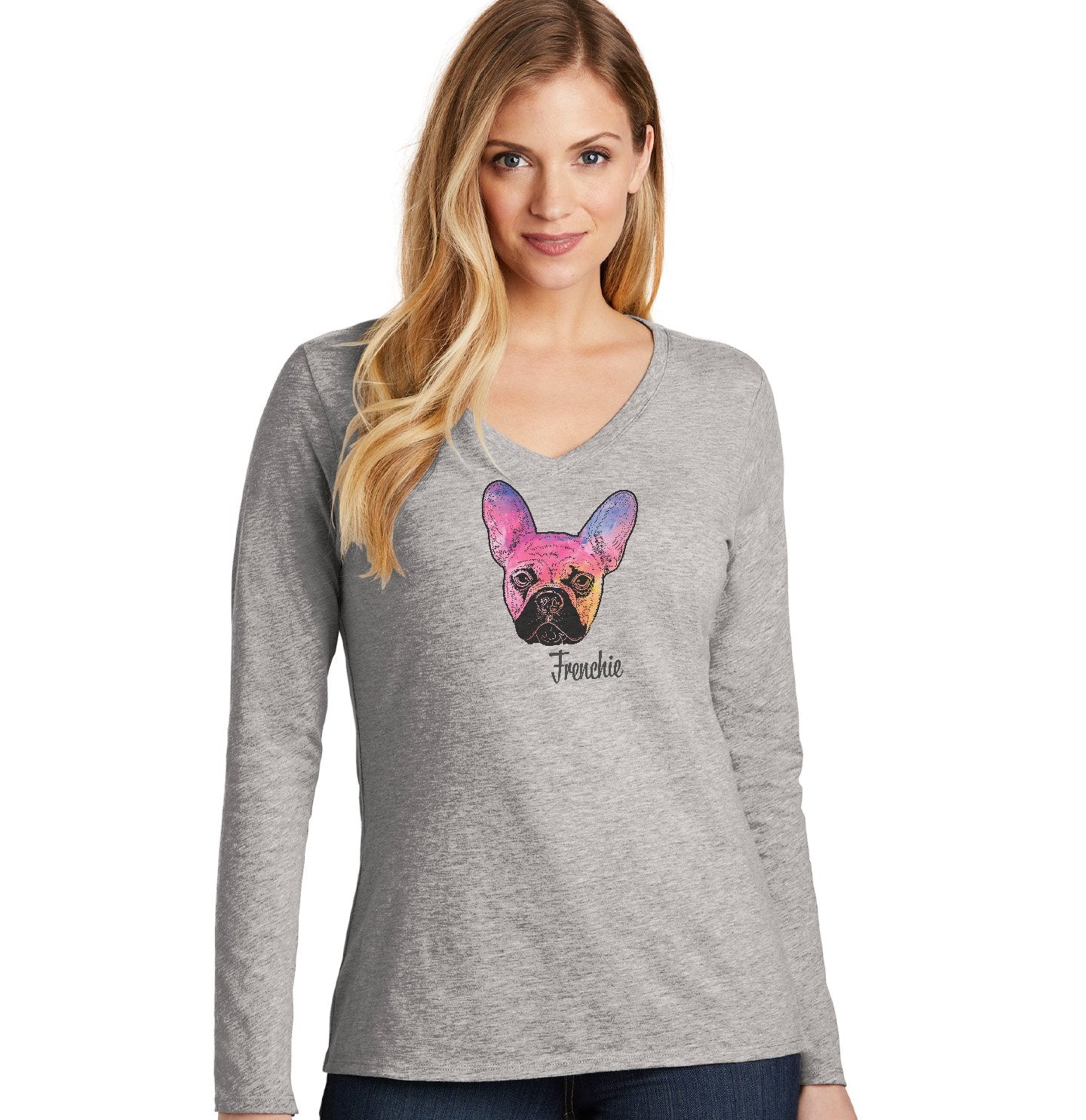 Animal Pride - Colorful Frenchie Headshot - Women's V-Neck Long Sleeve T-Shirt