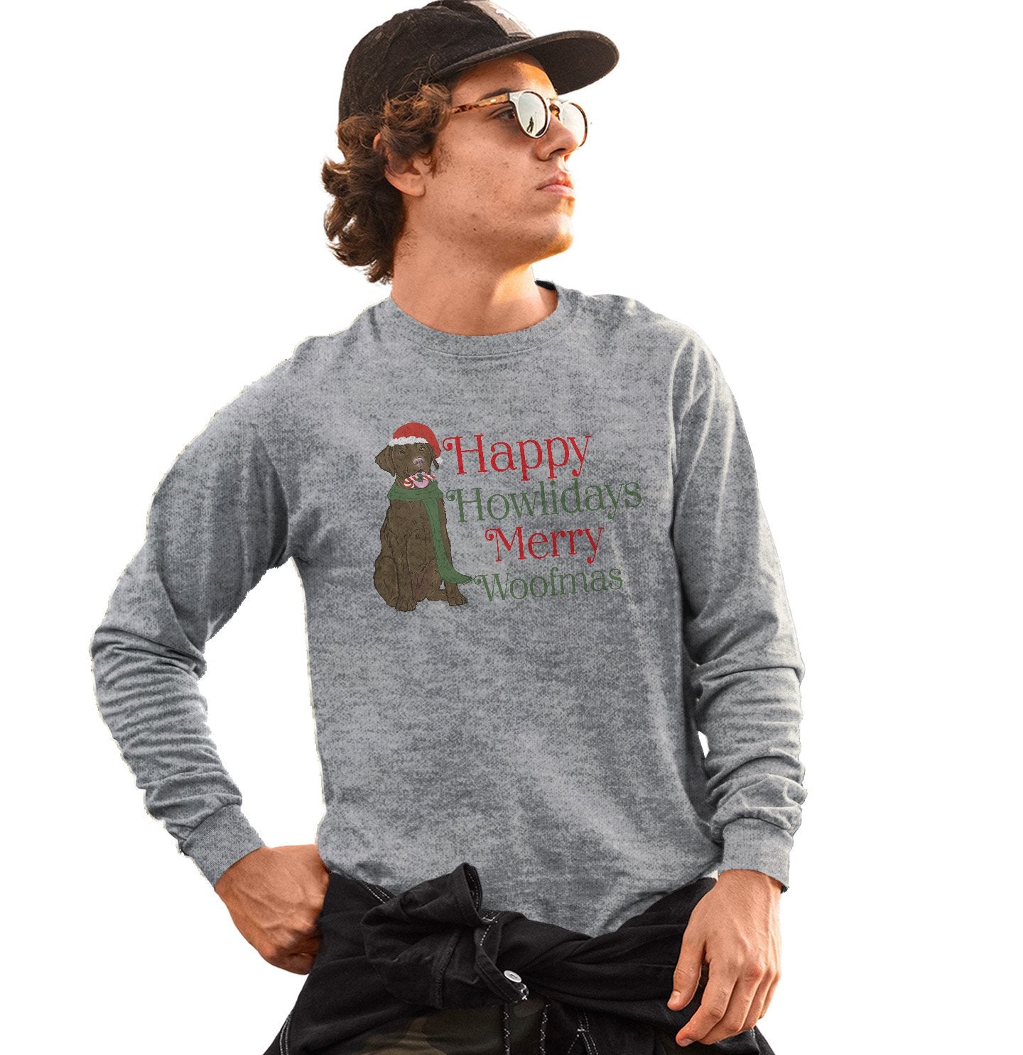 Merry Woofmas Chocolate Lab - Adult Unisex Long Sleeve T-Shirt