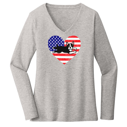 USA Flag Boston Terrier Puppy - Women's V-Neck Long Sleeve T-Shirt