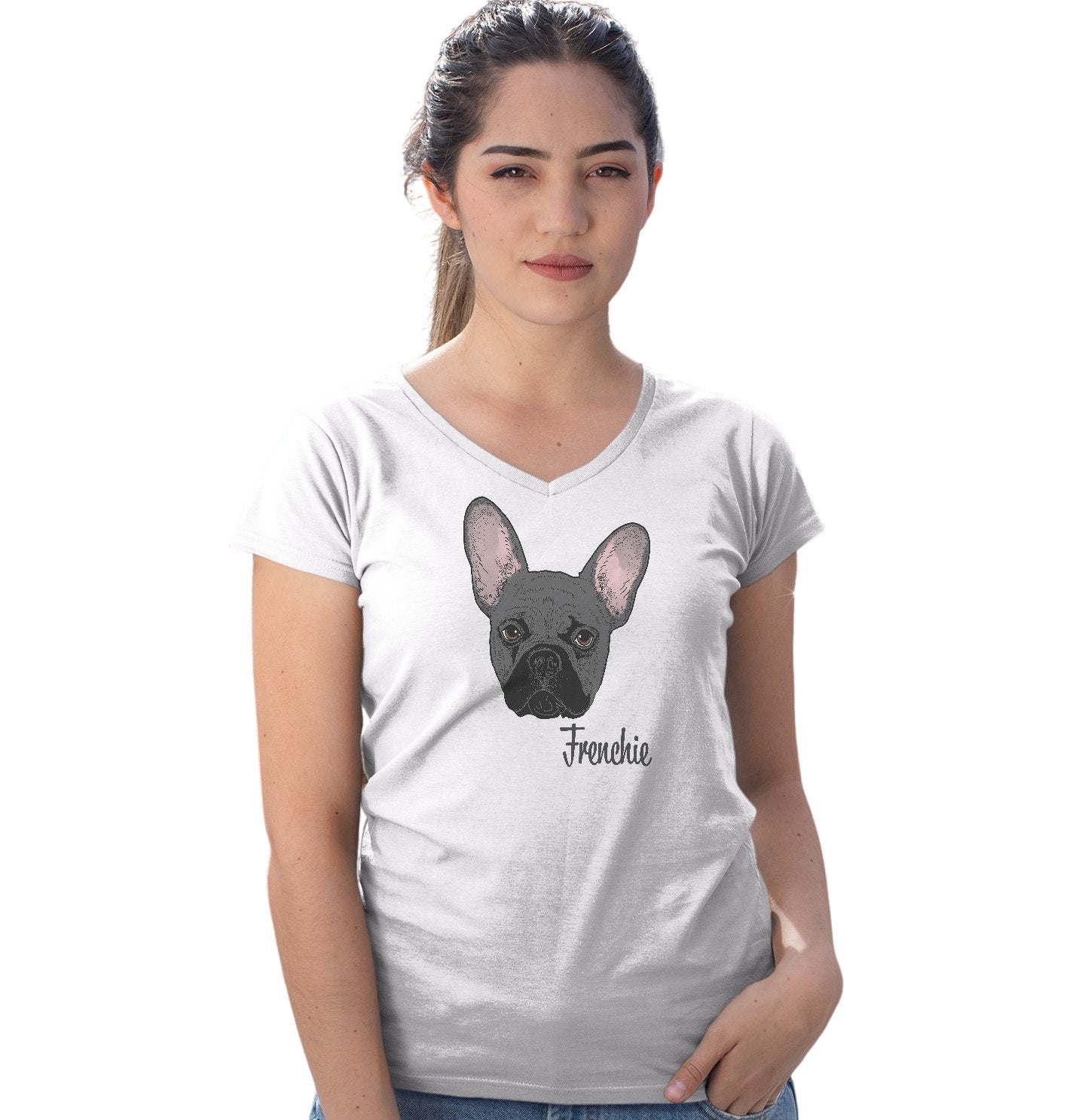 Grey Frenchie Headshot - Women's V-Neck T-Shirt