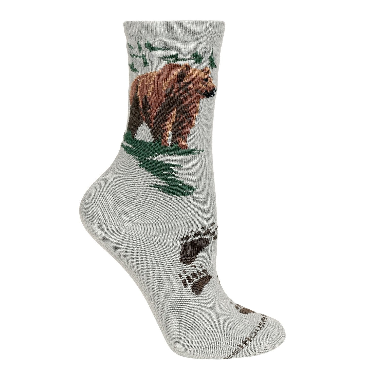 Animal Pride - Grizzly Bear on Grey - Adult Cotton Crew Socks
