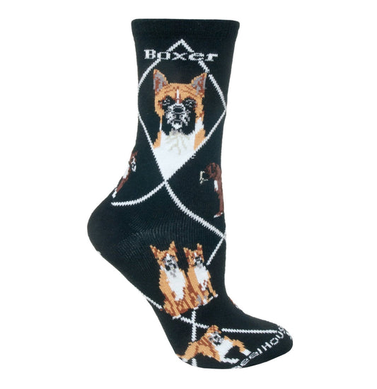 Animal Pride - Boxer on Black - Adult Cotton Crew Socks