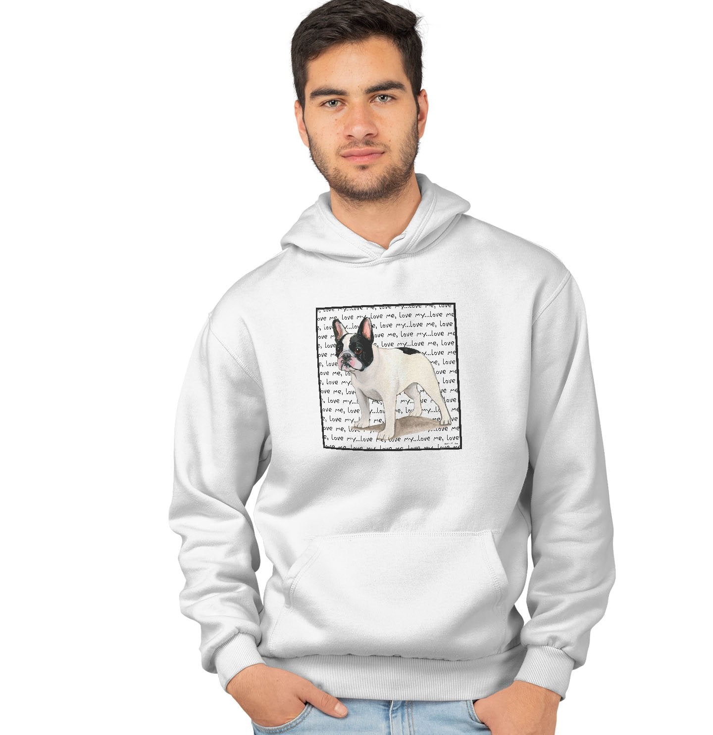 Animal Pride - Black & White Frenchie Love Text - Adult Unisex Hoodie Sweatshirt