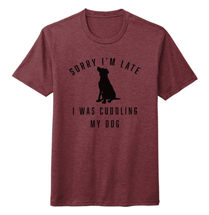 Sorry I'm Late Dog Cuddling Labrador Silhouette - Adult Tri-Blend T-Shirt