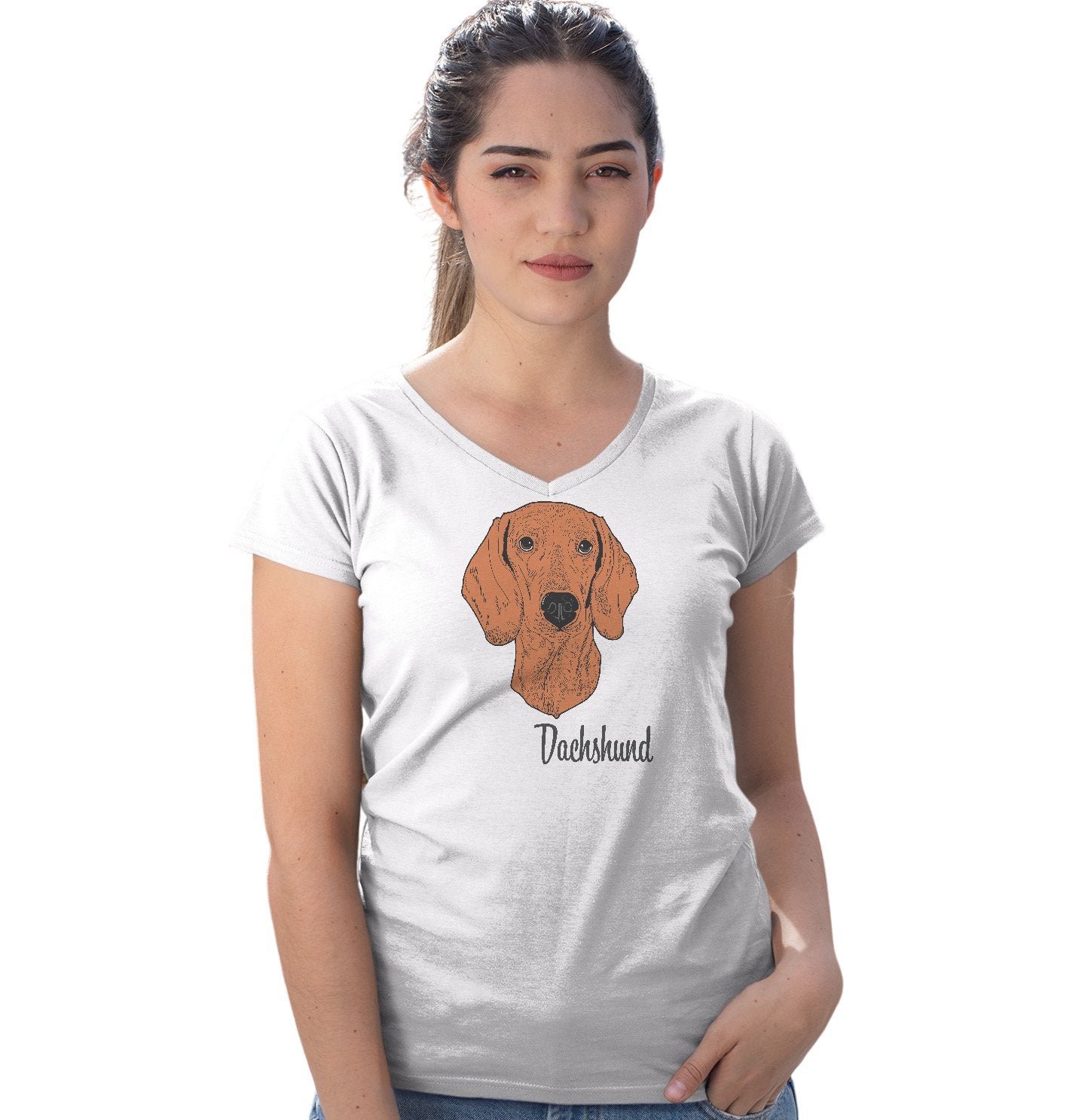 Red Dachshund Headshot - Women's V-Neck T-Shirt