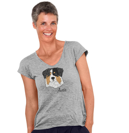 Animal Pride - Tri-Color Aussie Headshot - Women's V-Neck T-Shirt