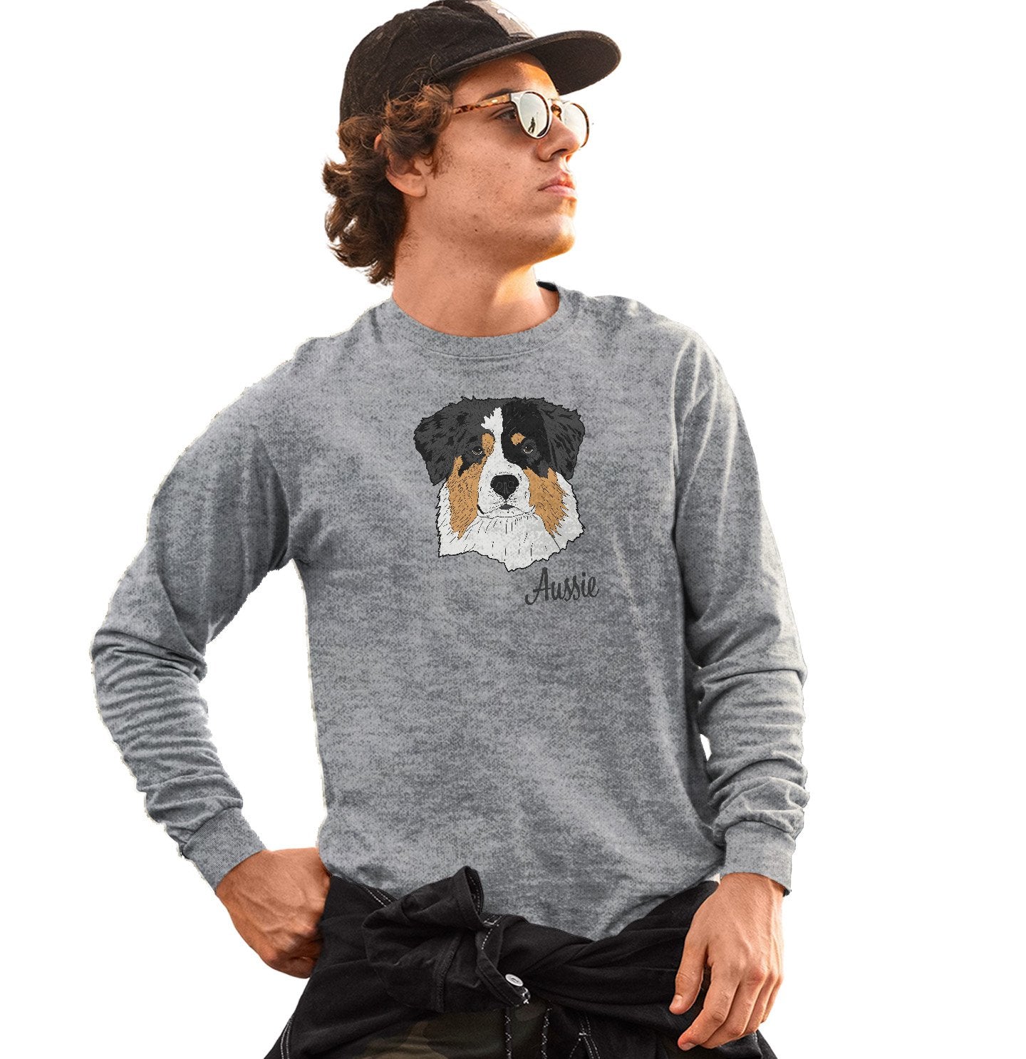 Animal Pride - Tri-Color Aussie Headshot - Adult Unisex Long Sleeve T-Shirt