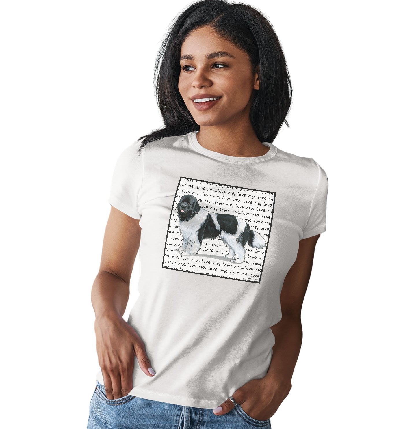 Black & White Newfie Love Text - Women's Fitted T-Shirt