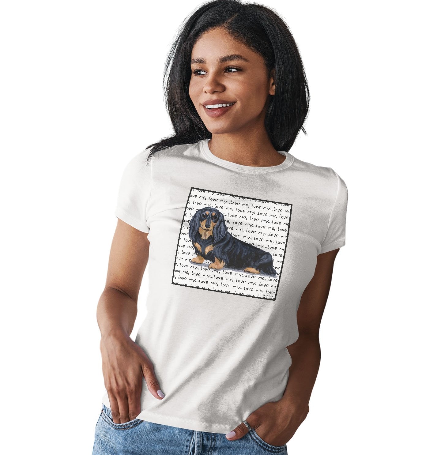 Animal Pride - Black Long Haired Dachshund Love Text - Women's Fitted T-Shirt