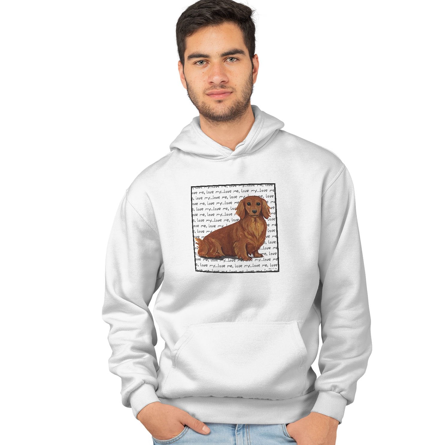 Long Haired Dachshund Love Text - Adult Unisex Hoodie Sweatshirt