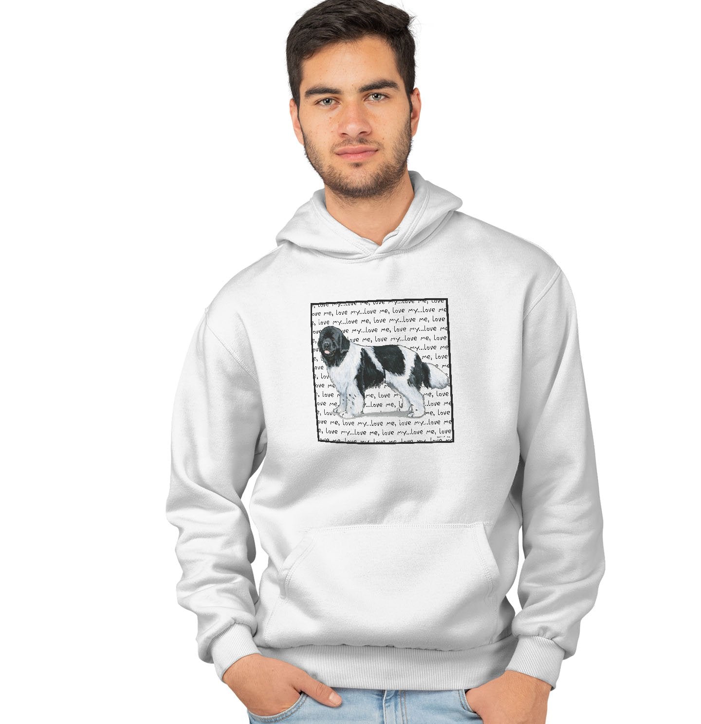 Animal Pride - Black & White Newfie Love Text - Adult Unisex Hoodie Sweatshirt