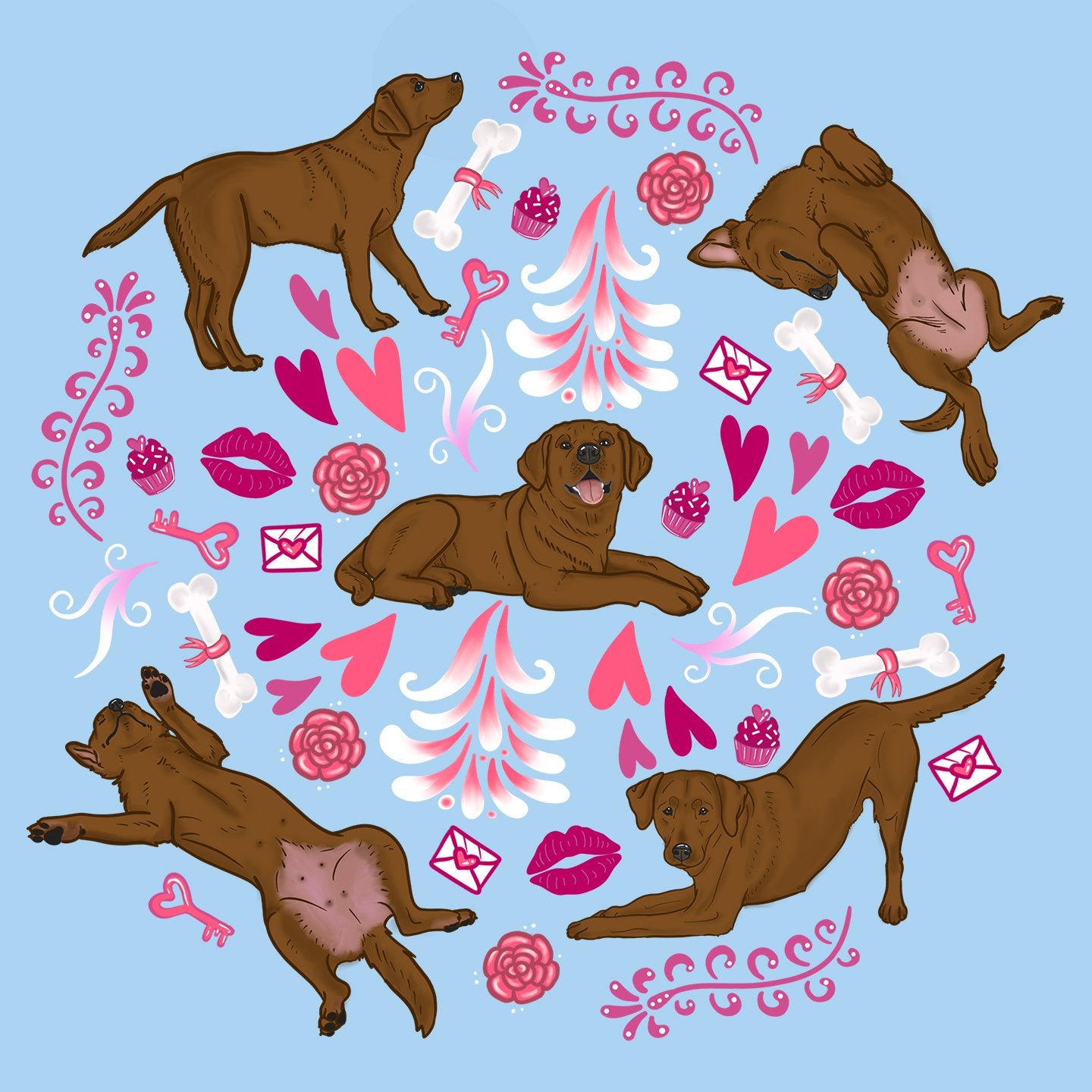 Chocolate Labrador Pink Fleur Pattern - Adult Unisex T-Shirt