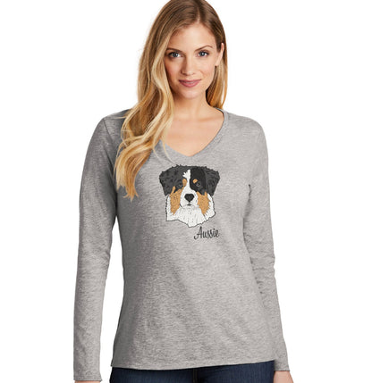 Tri-Color Aussie Headshot - Women's V-Neck Long Sleeve T-Shirt