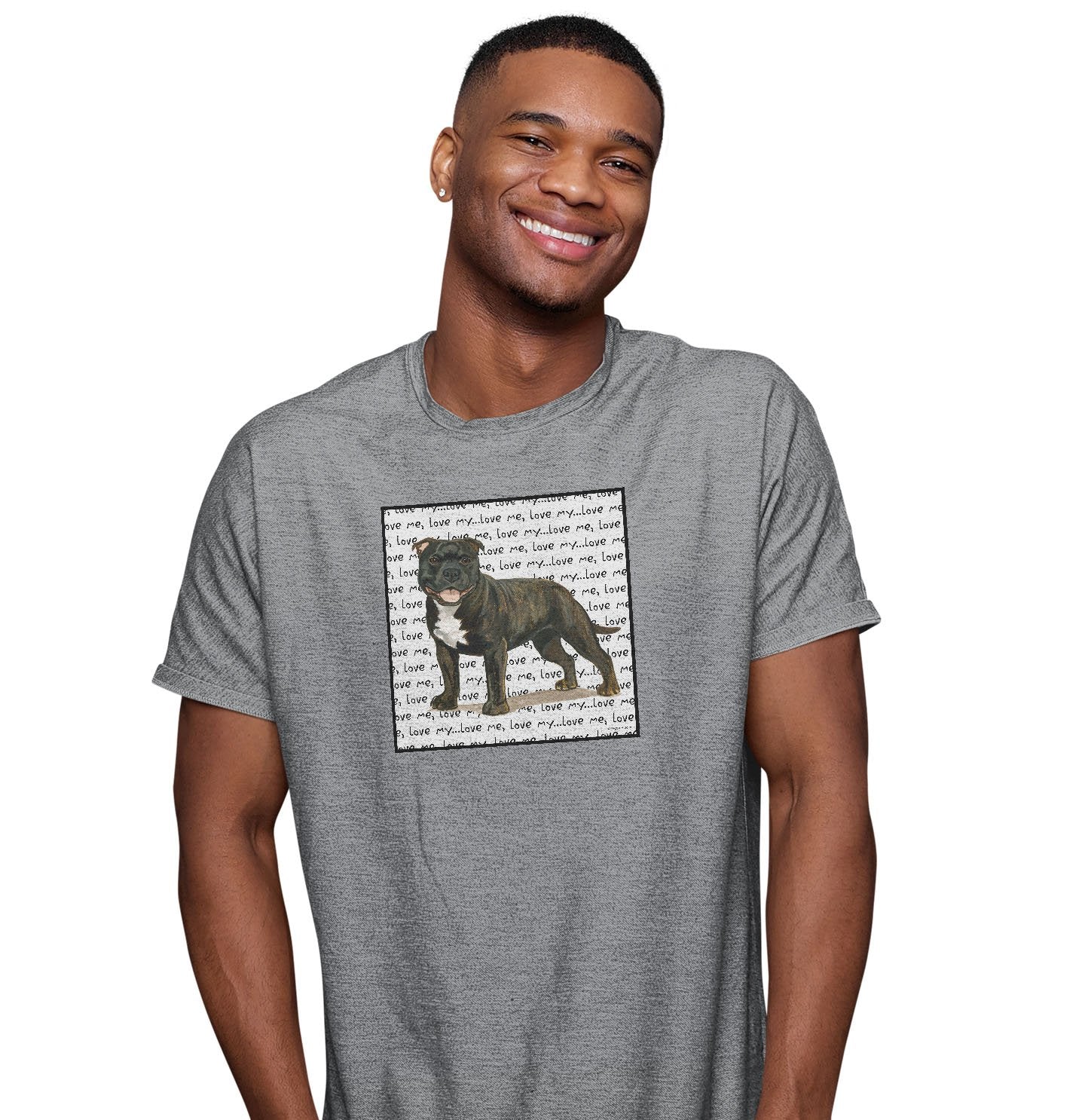 Brindle English Staffy Love Text - Adult Unisex T-Shirt