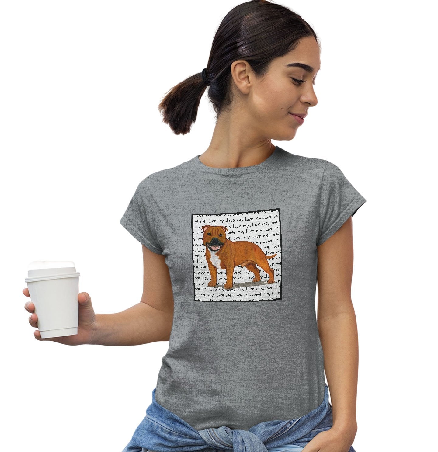 Red English Staffy Love Text - Women's Fitted T-Shirt