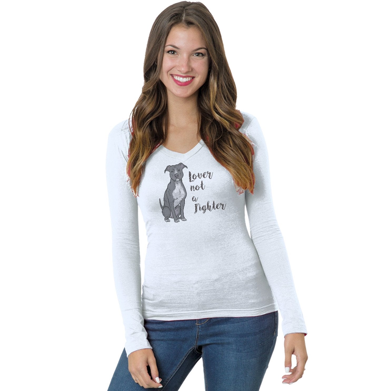 Grey Pit Bull Lover Not Fighter - Women's V-Neck Long Sleeve T-Shirt