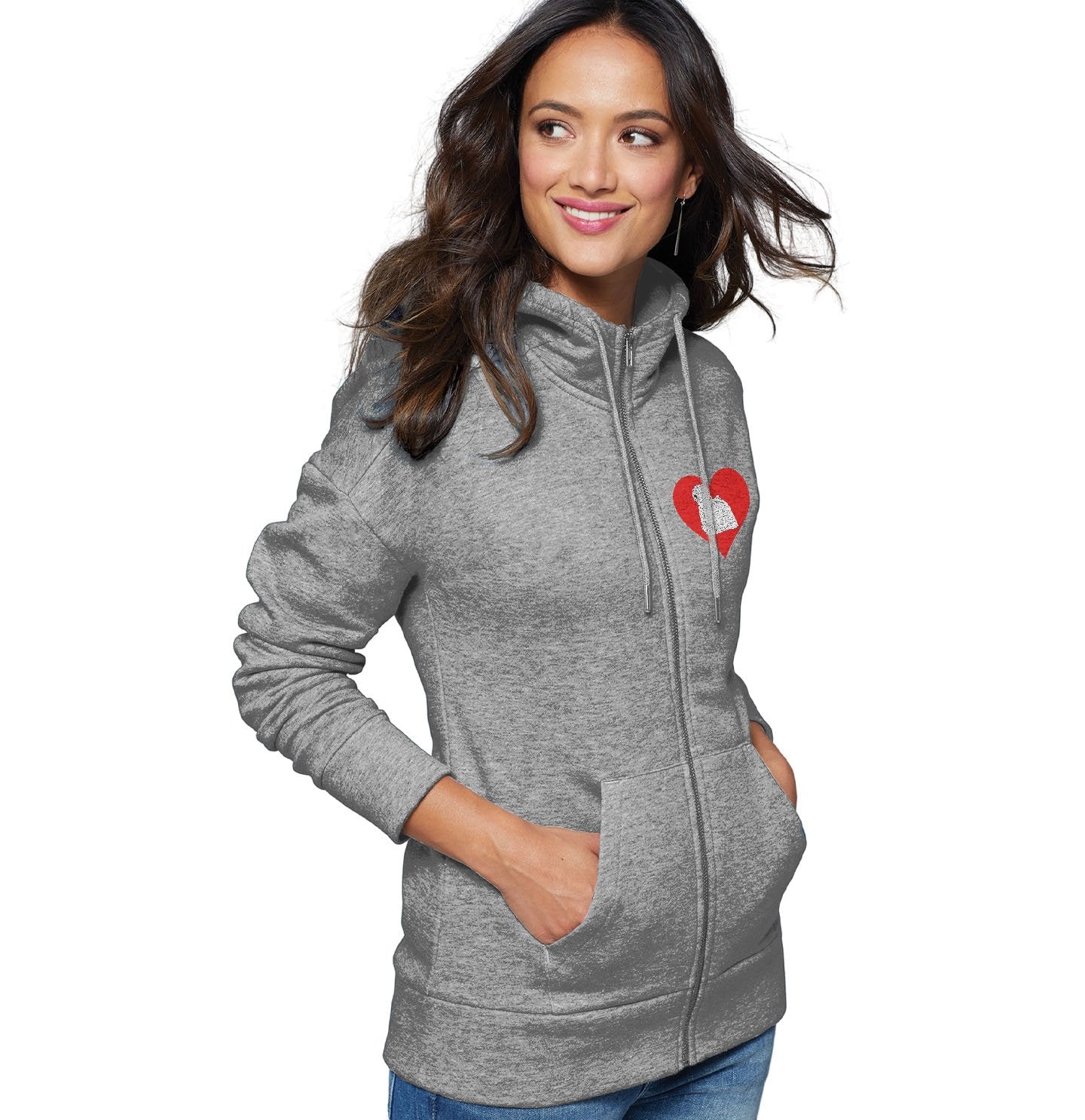 White Puli on Heart Left Chest - Women's Full-Zip Hoodie Sweatshirt