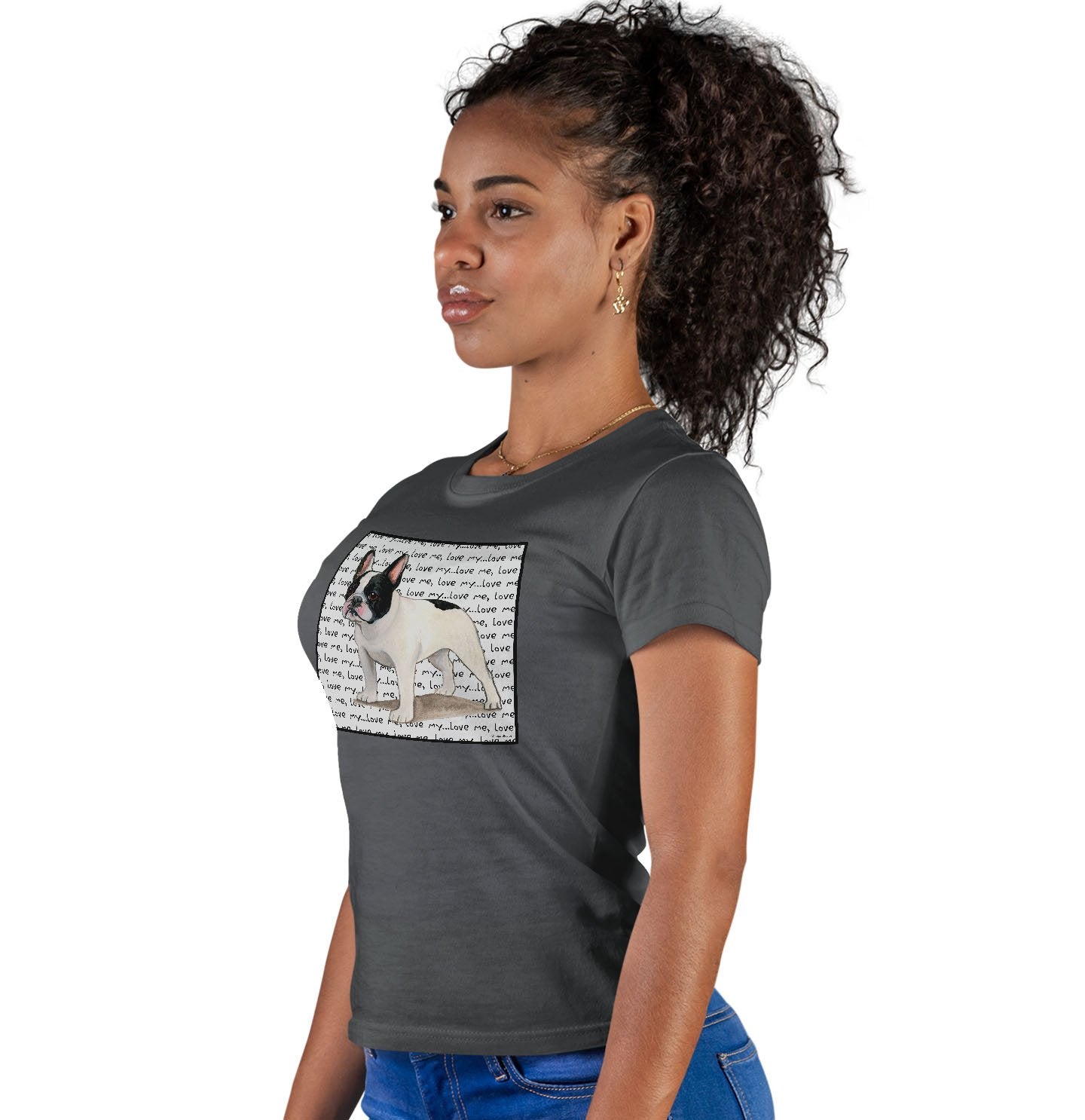 Black & White Frenchie Love Text - Women's Fitted T-Shirt