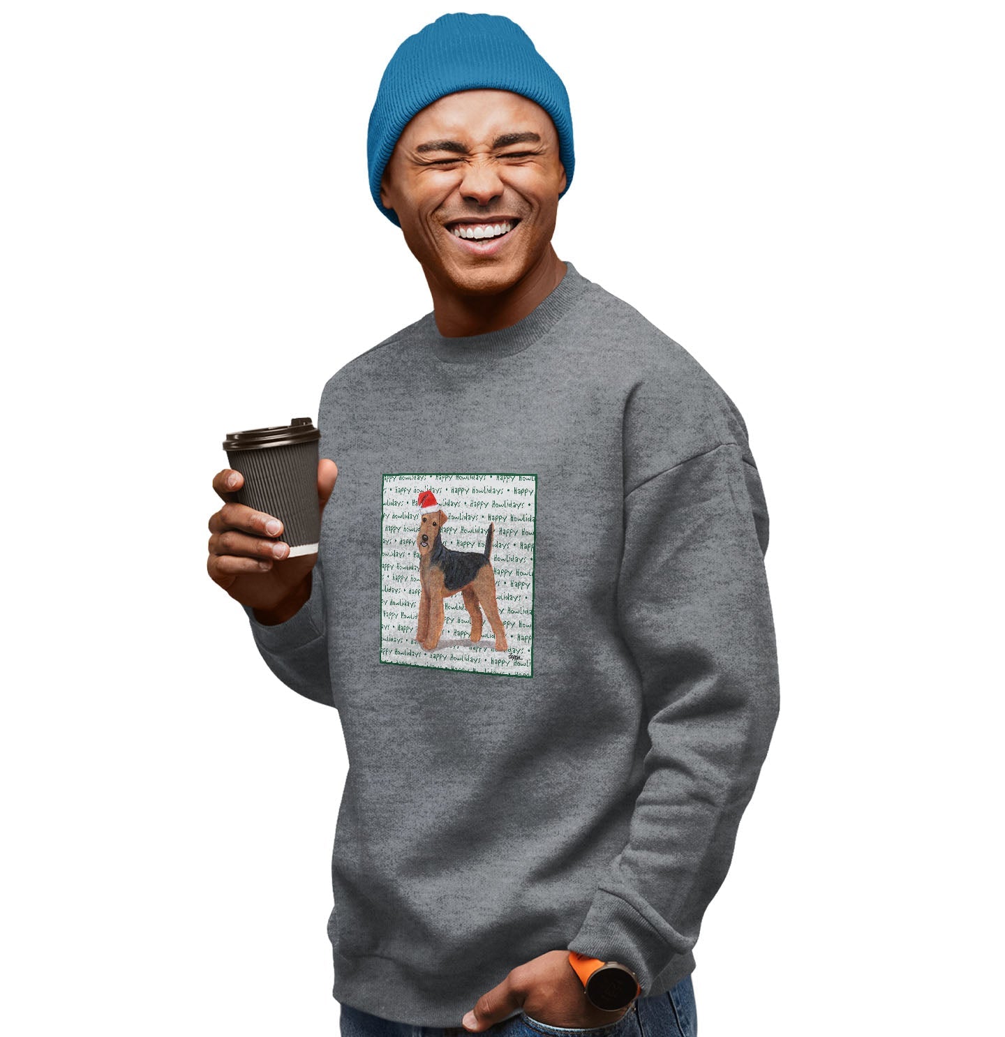 Airedale Terrier Happy Howlidays Text - Adult Unisex Crewneck Sweatshirt