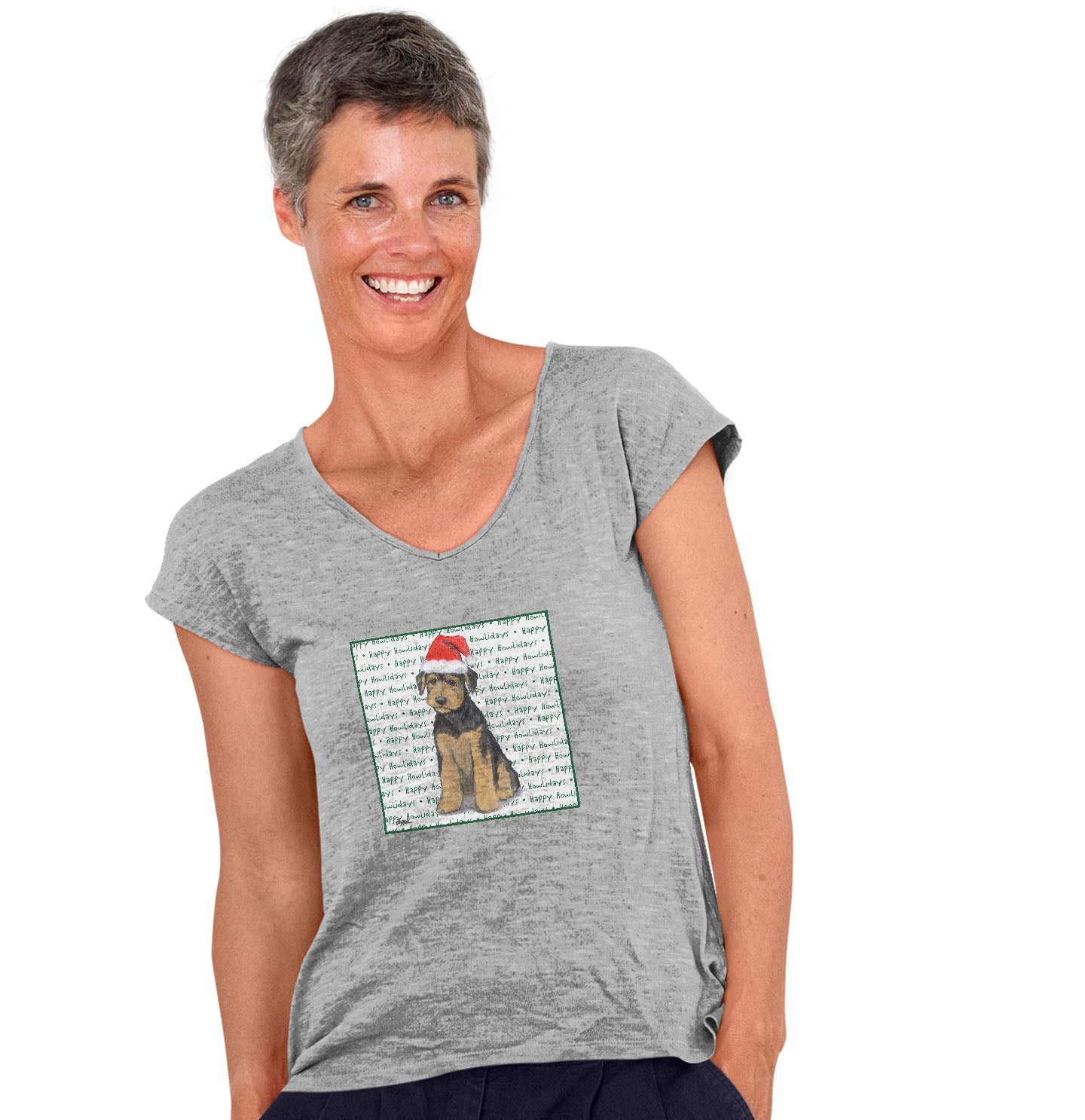 Airedale Terrier Puppy Happy Howlidays Text - Women's V-Neck T-Shirt