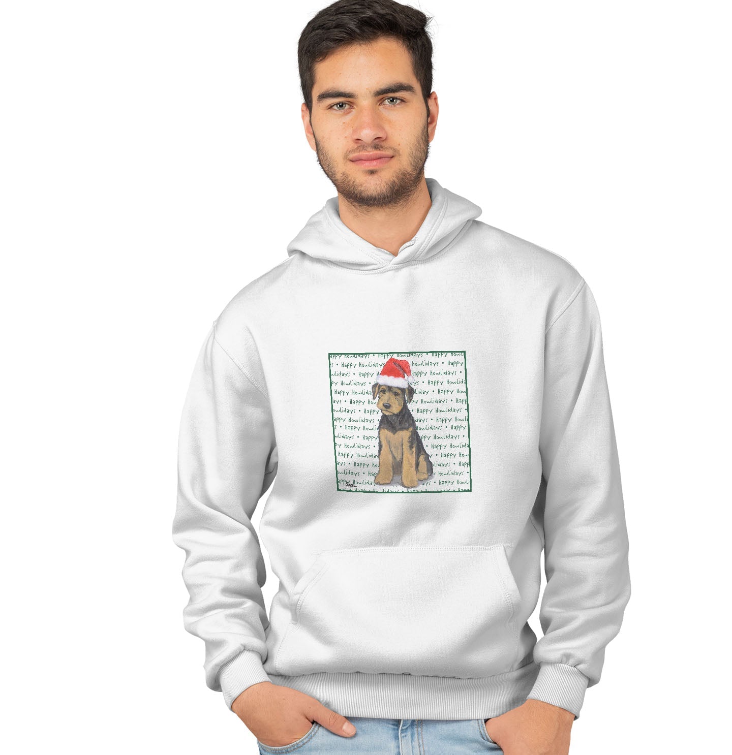 Airedale Terrier Puppy Happy Howlidays Text - Adult Unisex Hoodie Sweatshirt