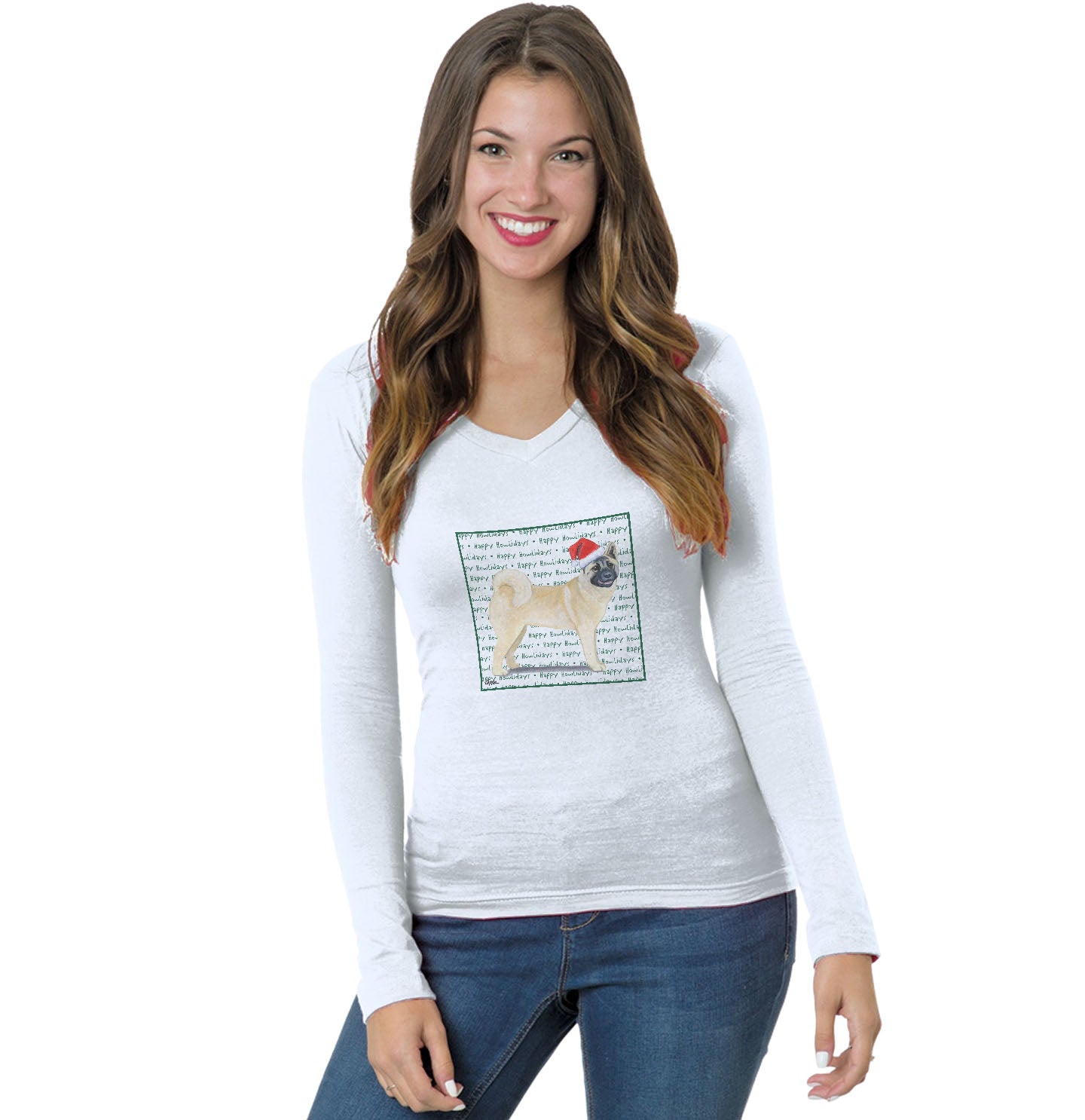 Akita Happy Howlidays Text - Women's V-Neck Long Sleeve T-Shirt