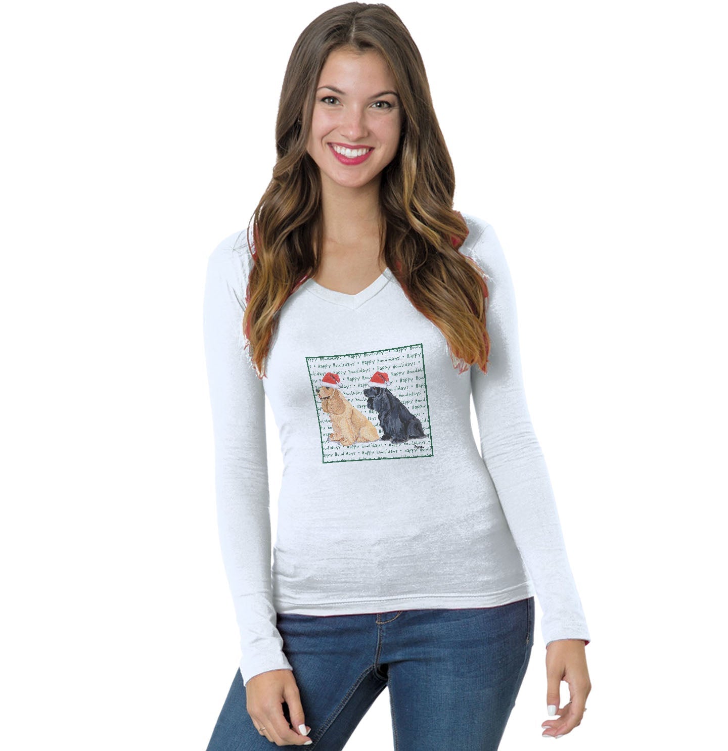 Cocker Spaniel Happy Howlidays Text - Women's V-Neck Long Sleeve T-Shirt