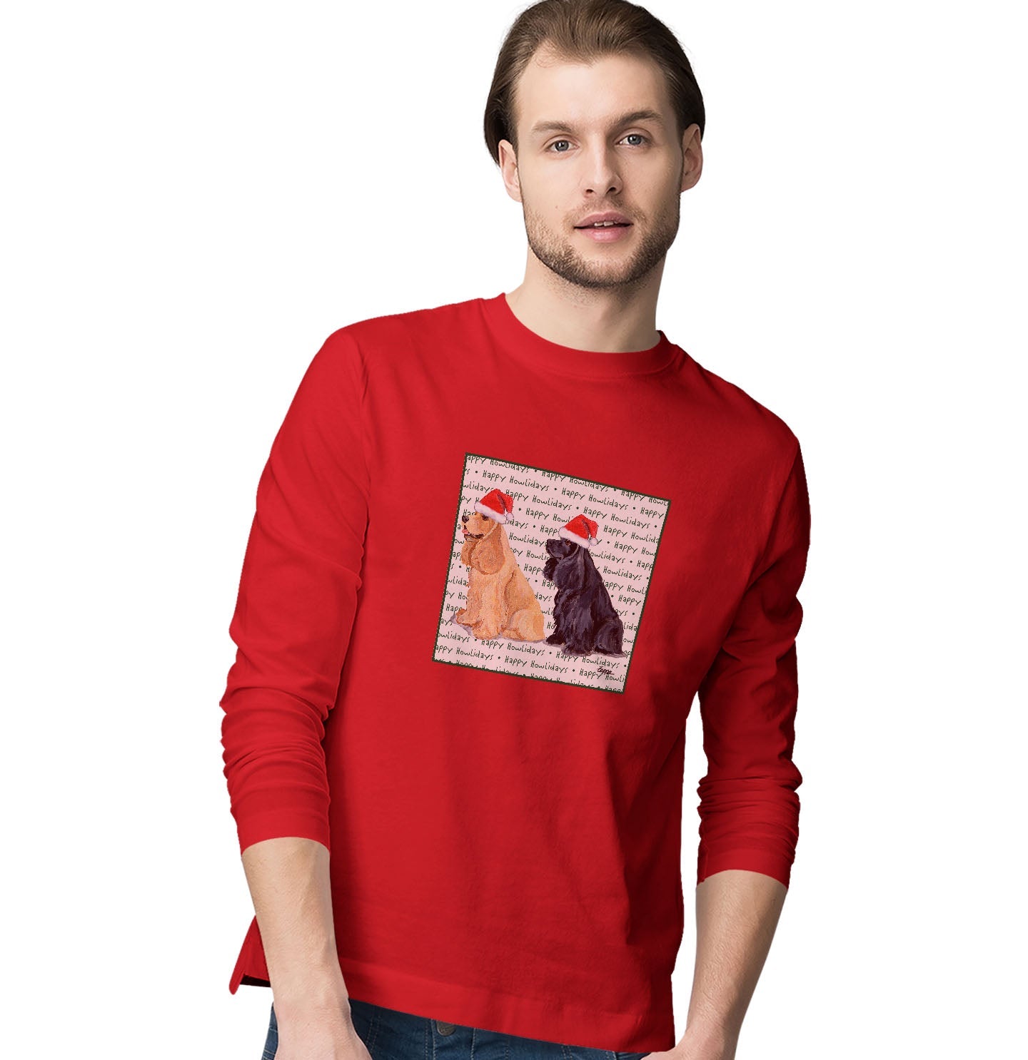 Cocker Spaniel Happy Howlidays Text - Adult Unisex Long Sleeve T-Shirt