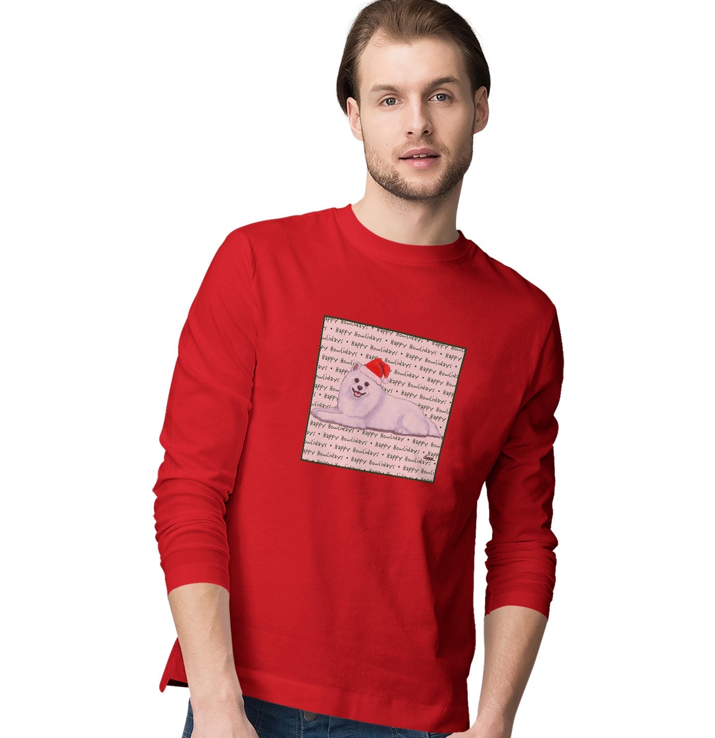 American Eskimo Dog Happy Howlidays Text - Adult Unisex Long Sleeve T-Shirt