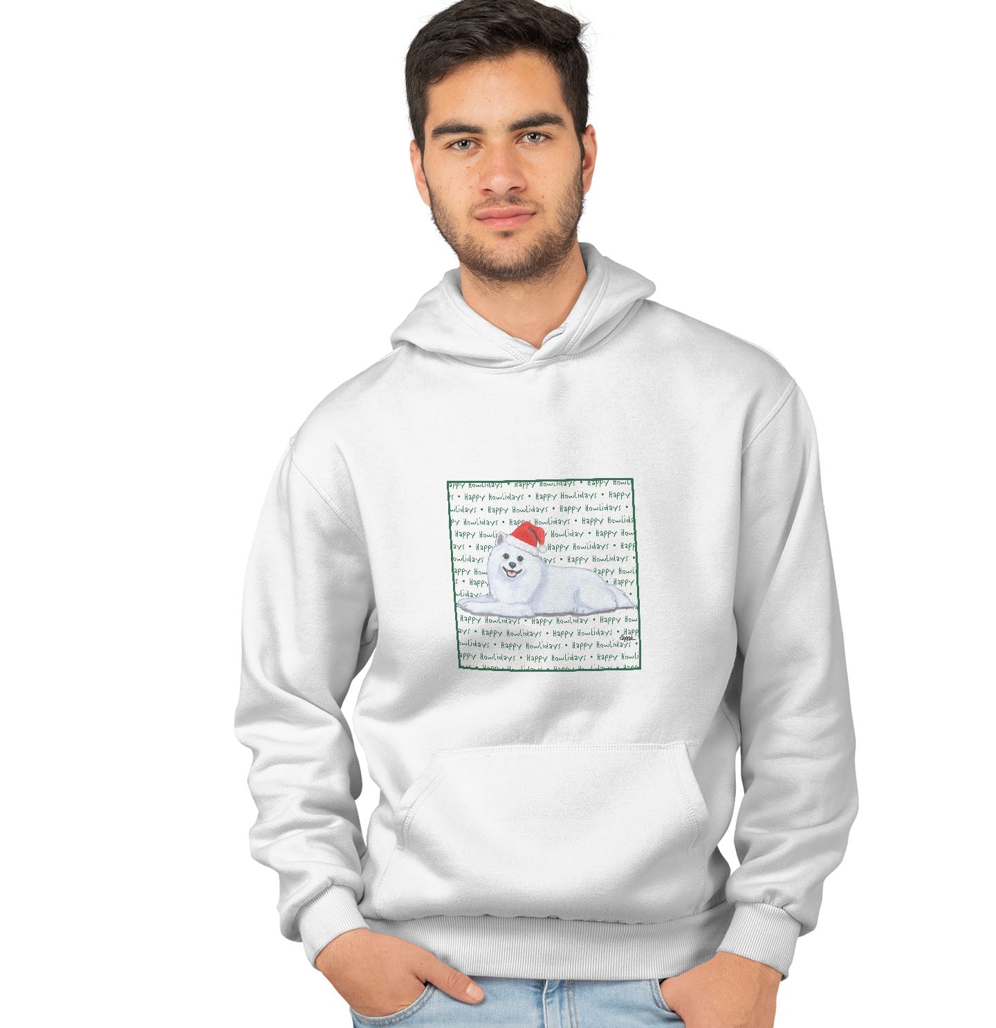 American Eskimo Dog Happy Howlidays Text - Adult Unisex Hoodie Sweatshirt