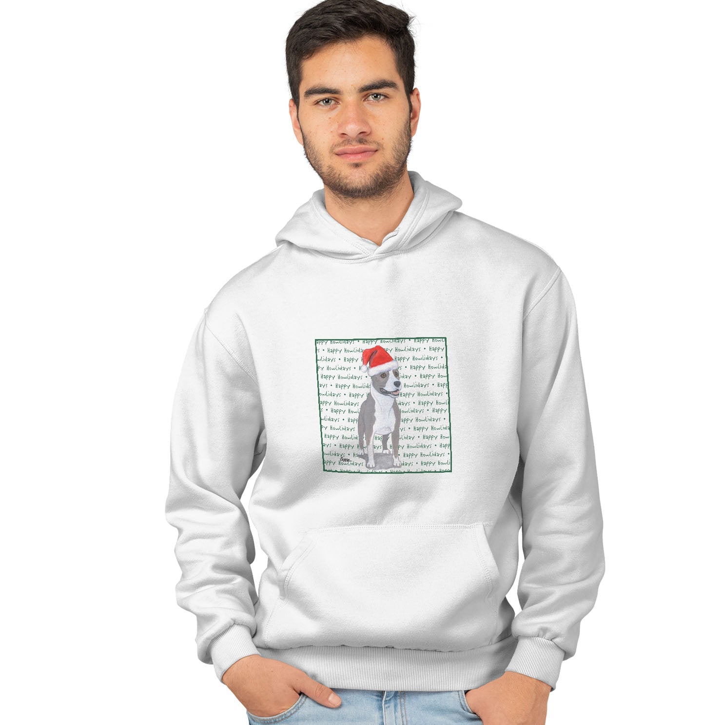 American Staffordshire Terrier Happy Howlidays Text - Adult Unisex Hoodie Sweatshirt