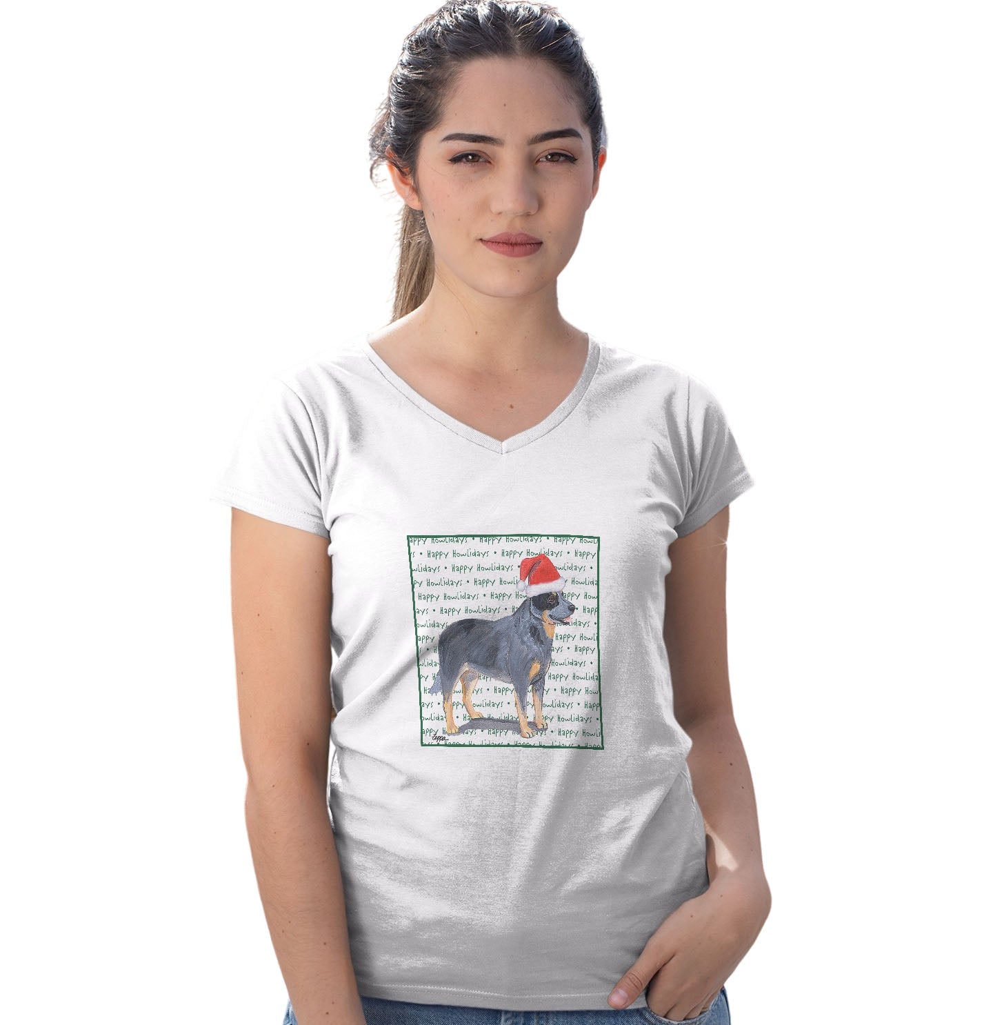 Australian Cattle Dog Happy Howlidays Text - Women's V-Neck T-Shirt