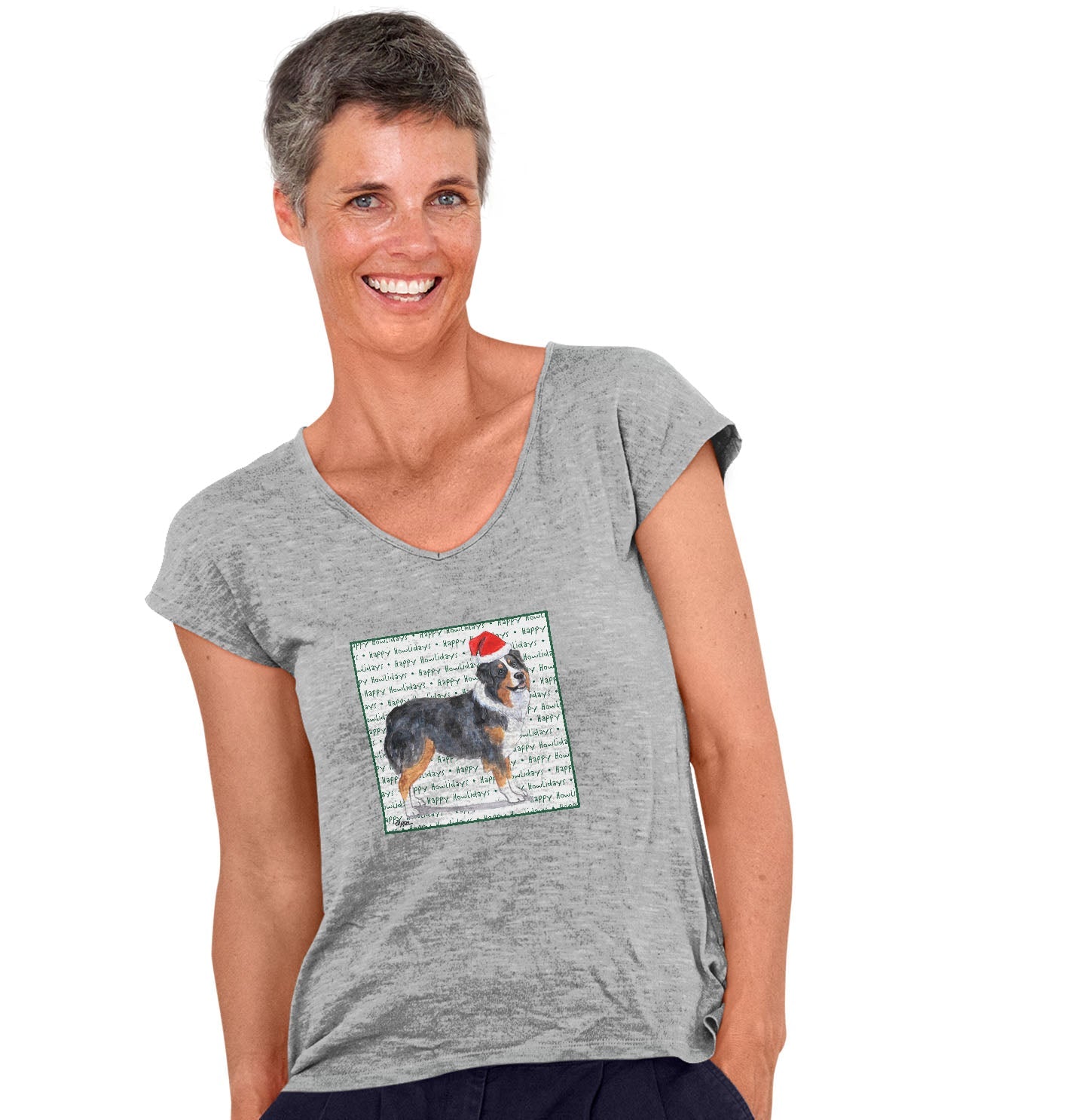 Australian Shepherd Happy Howlidays Text - Women's V-Neck T-Shirt