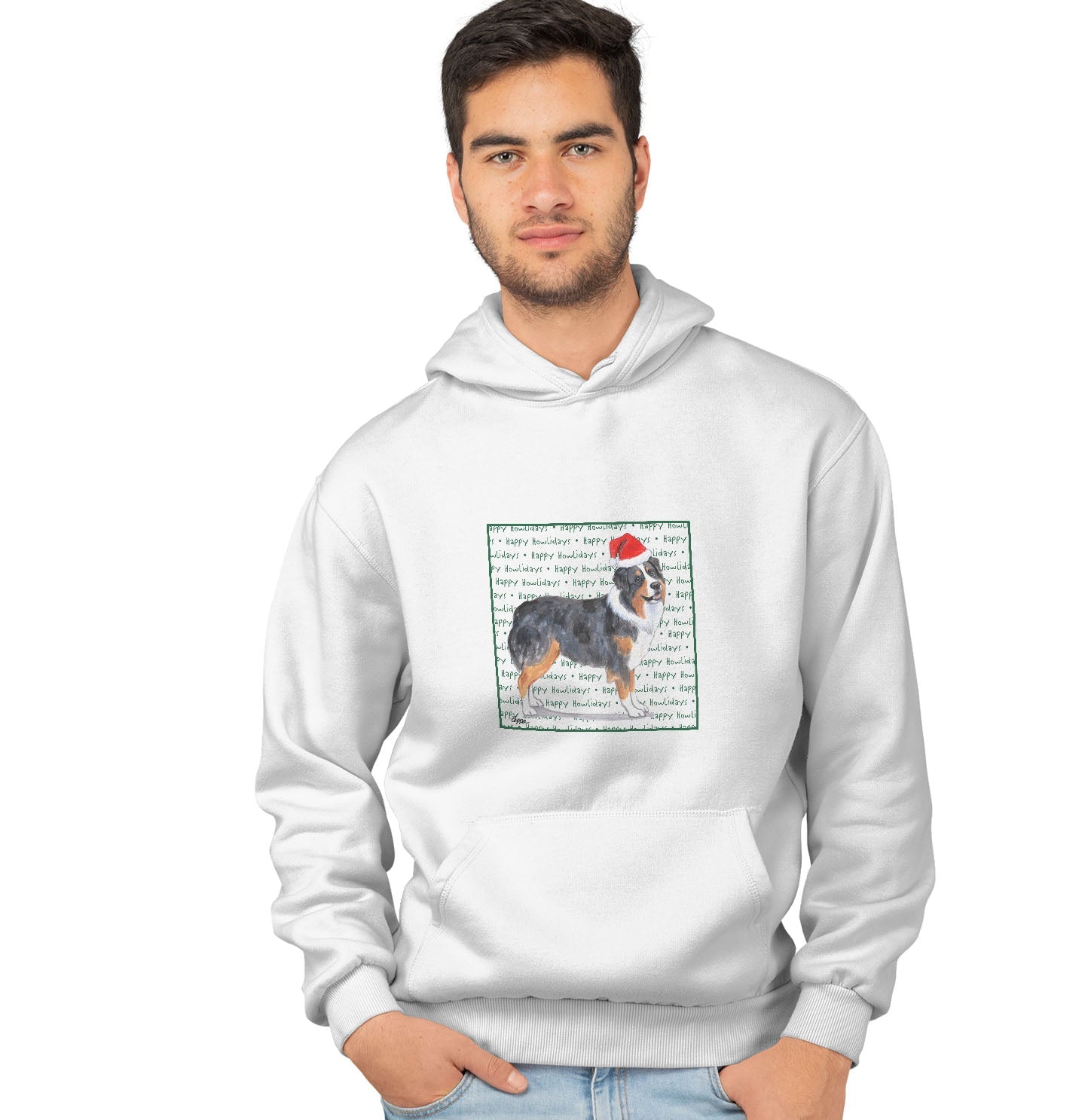 Australian Shepherd Happy Howlidays Text - Adult Unisex Hoodie Sweatshirt
