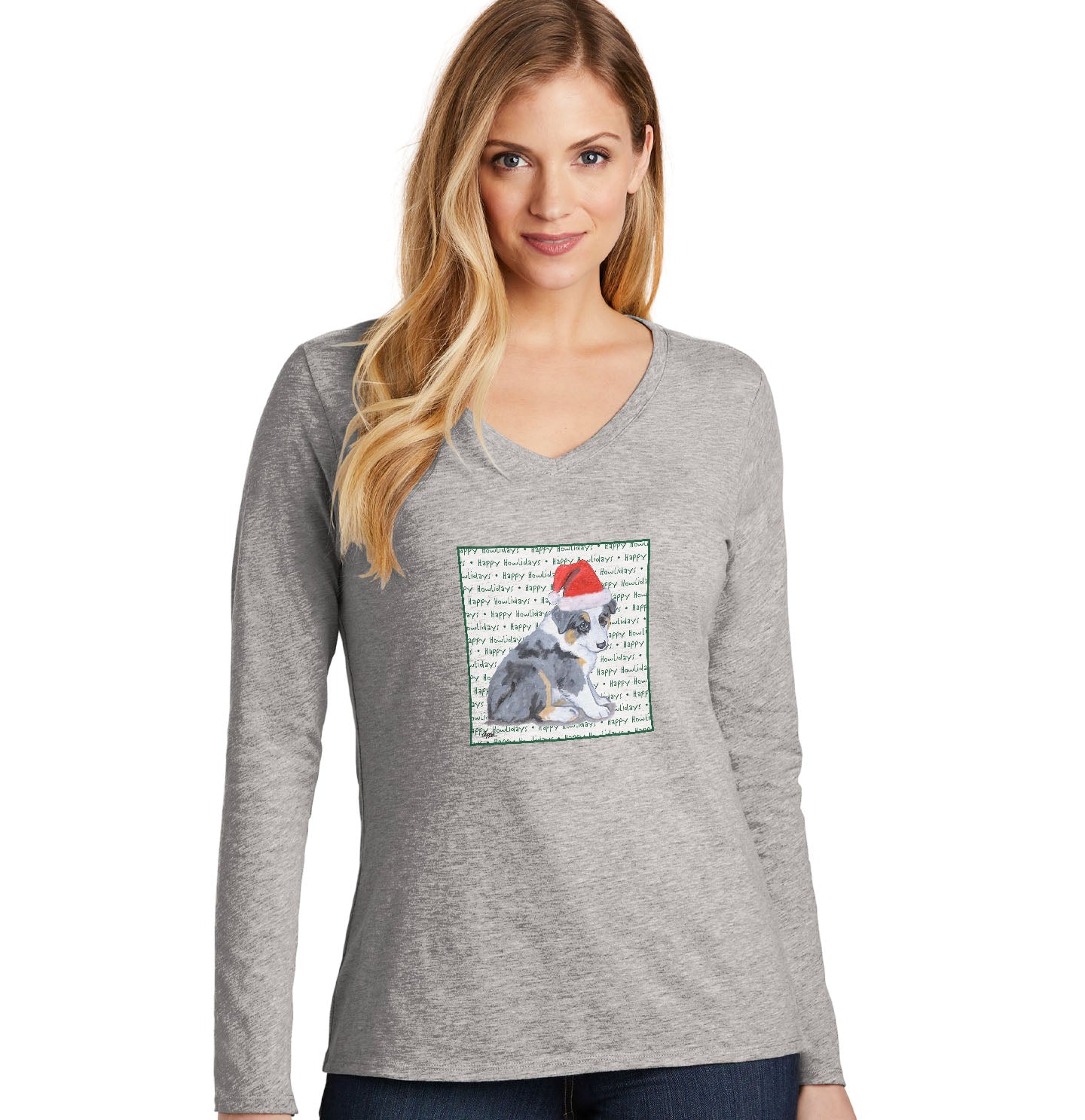 Australian Shepherd Puppy Happy Howlidays Text - Women's V-Neck Long Sleeve T-Shirt