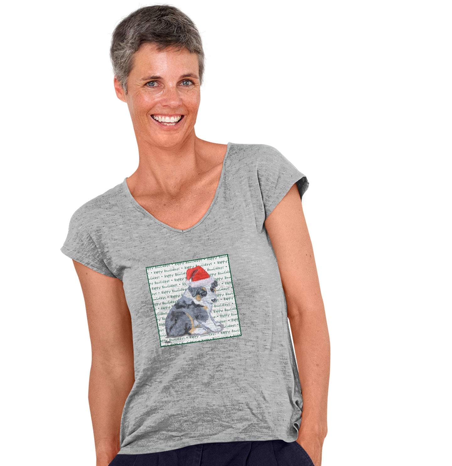 Australian Shepherd Puppy Happy Howlidays Text - Women's V-Neck T-Shirt