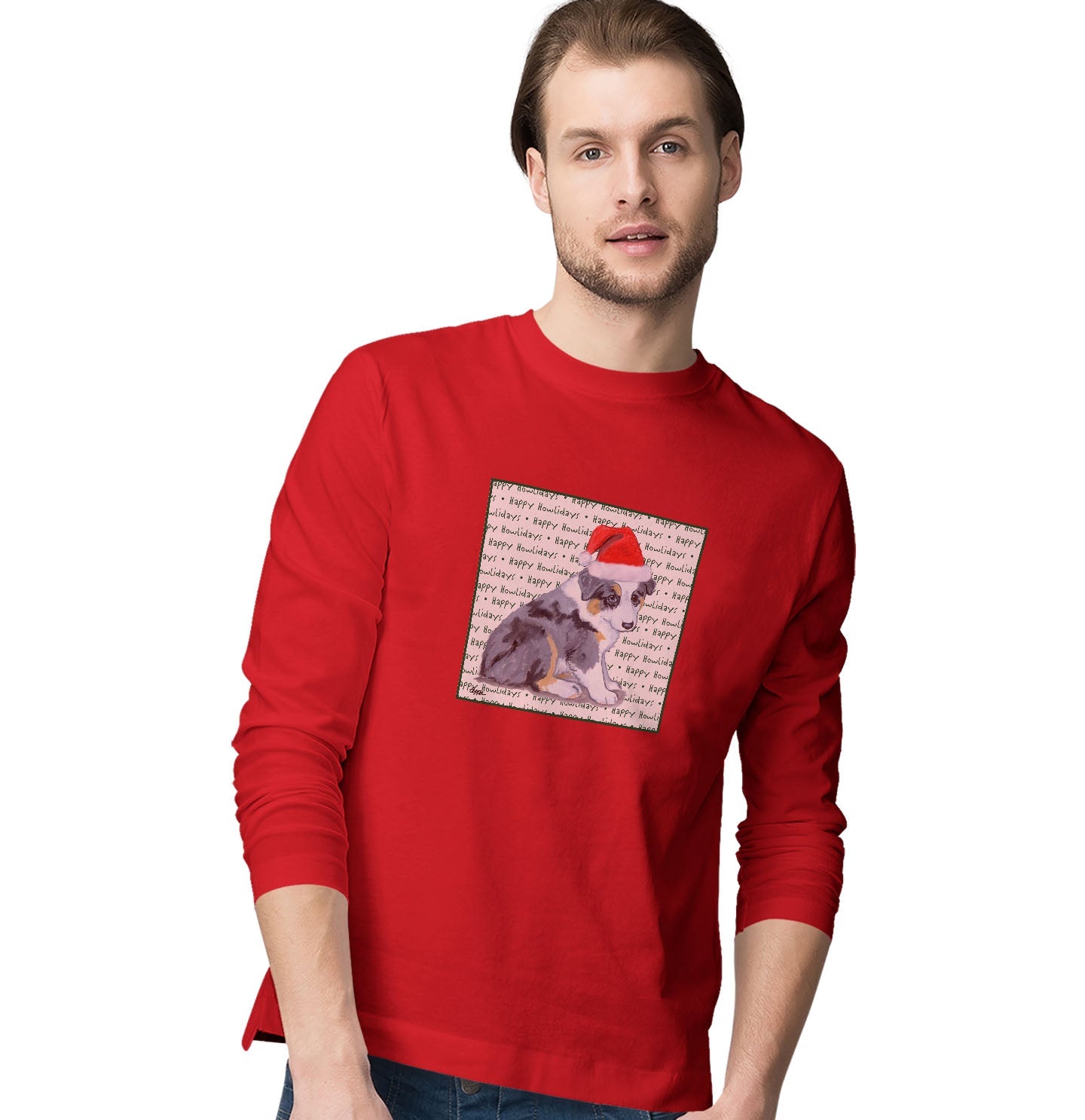 Australian Shepherd Puppy Happy Howlidays Text - Adult Unisex Long Sleeve T-Shirt