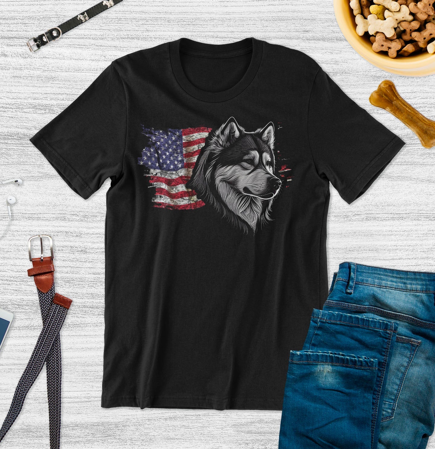 Patriotic Alaskan Malamute American Flag - Adult Unisex T-Shirt