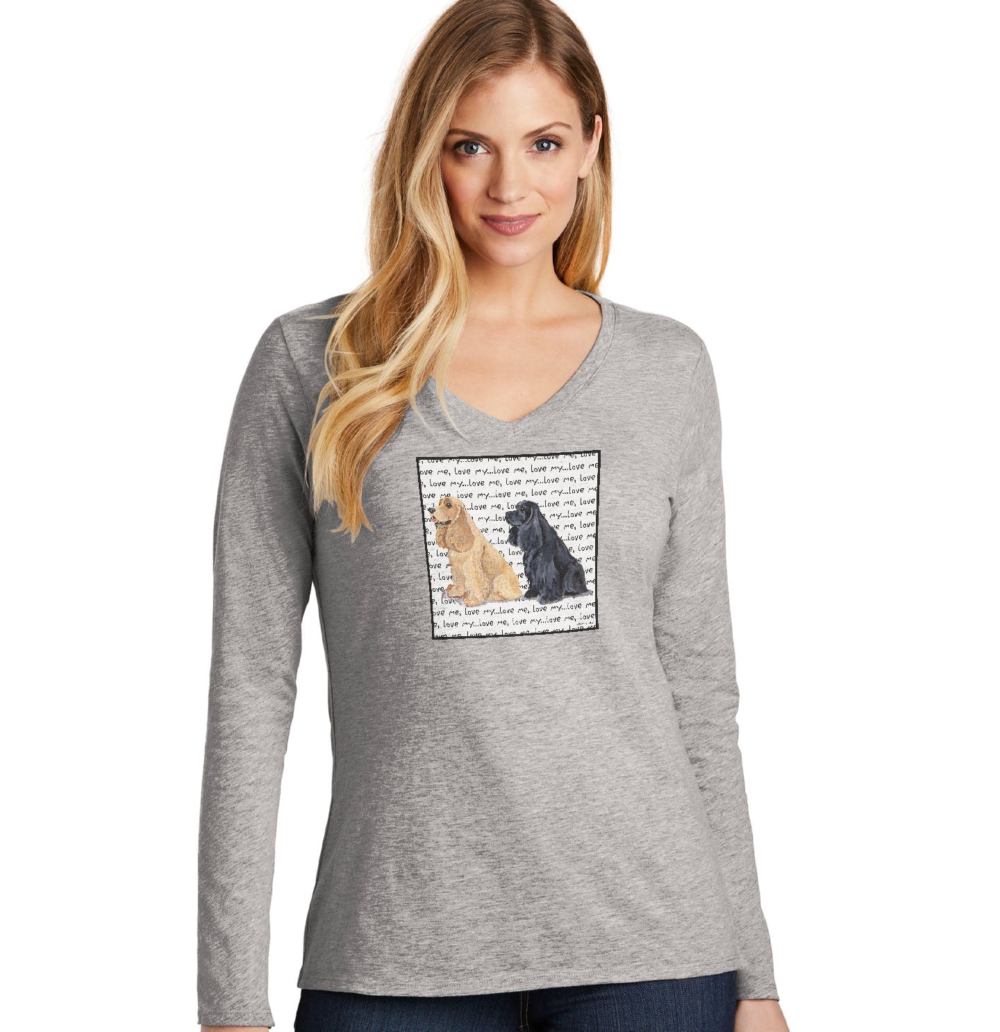 American Cocker Spaniel Love Text - Women's V-Neck Long Sleeve T-Shirt