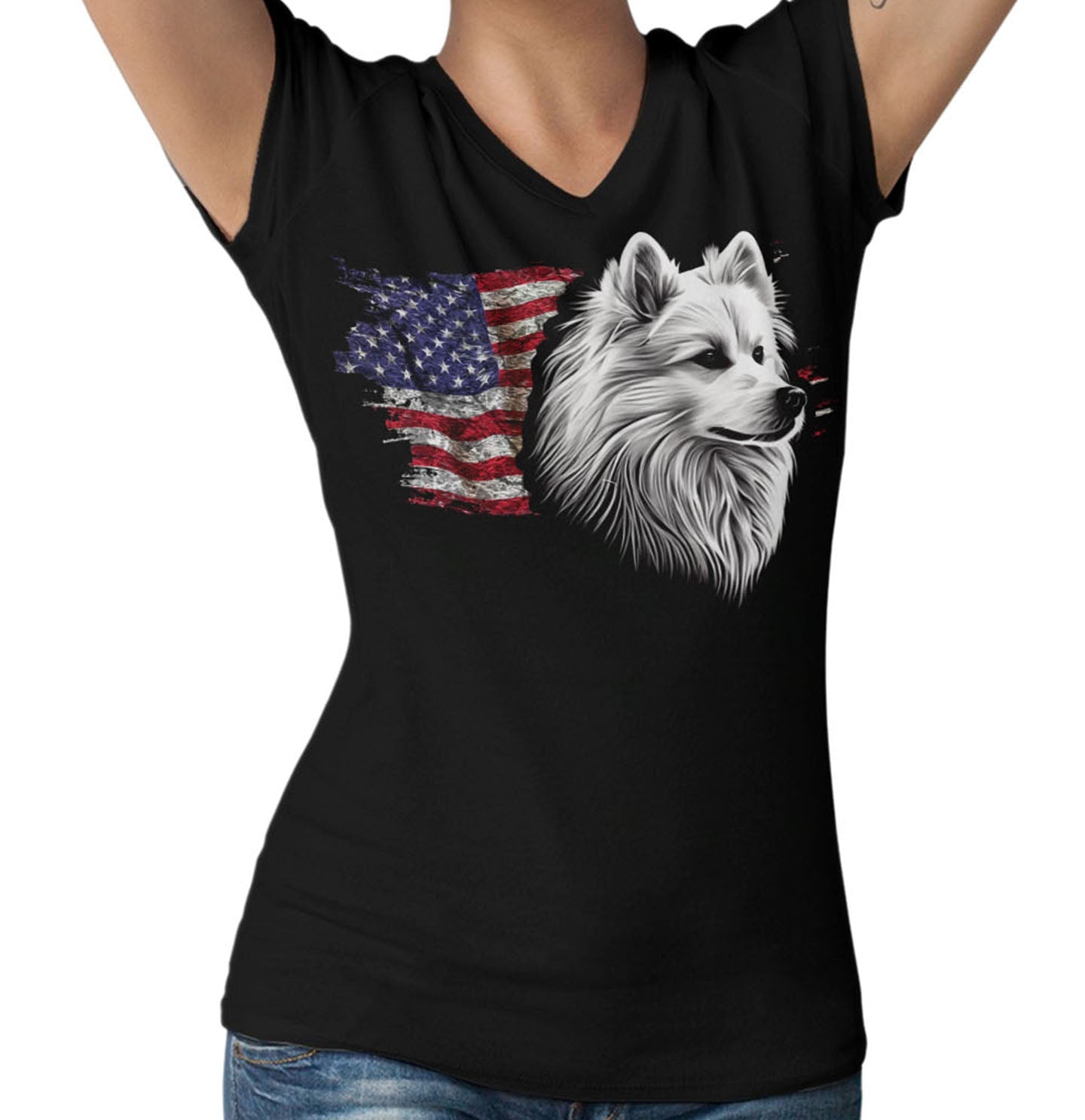 Patriotic American Eskimo Dog American Flag - Women's V-Neck T-Shirt