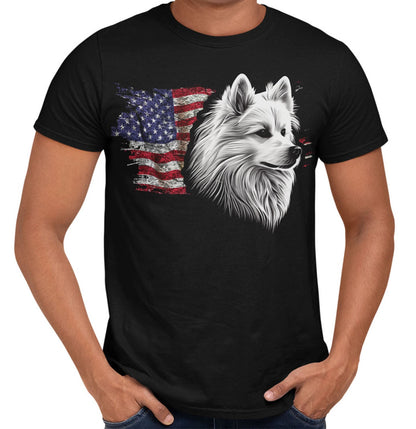 Patriotic American Eskimo Dog American Flag - Adult Unisex T-Shirt