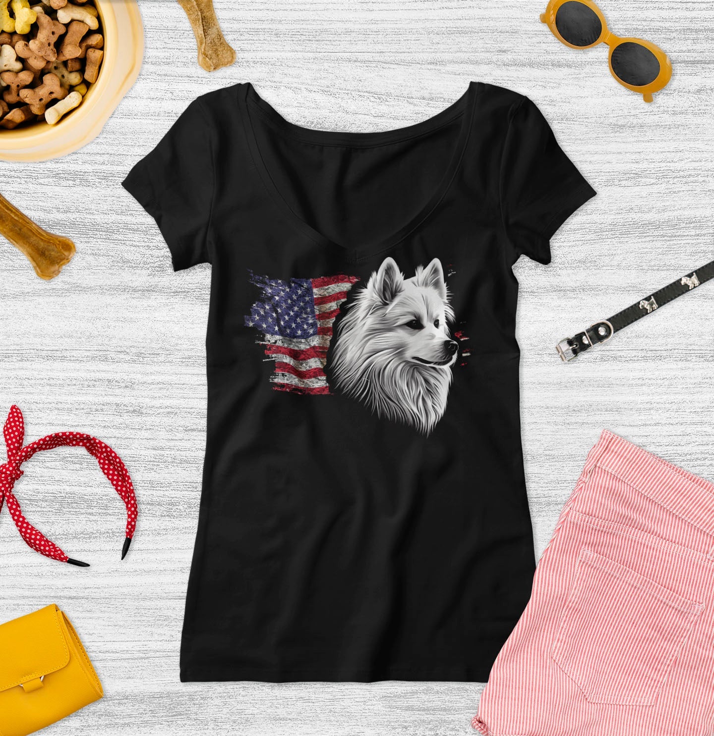 Patriotic American Eskimo Dog American Flag - Women's V-Neck T-Shirt