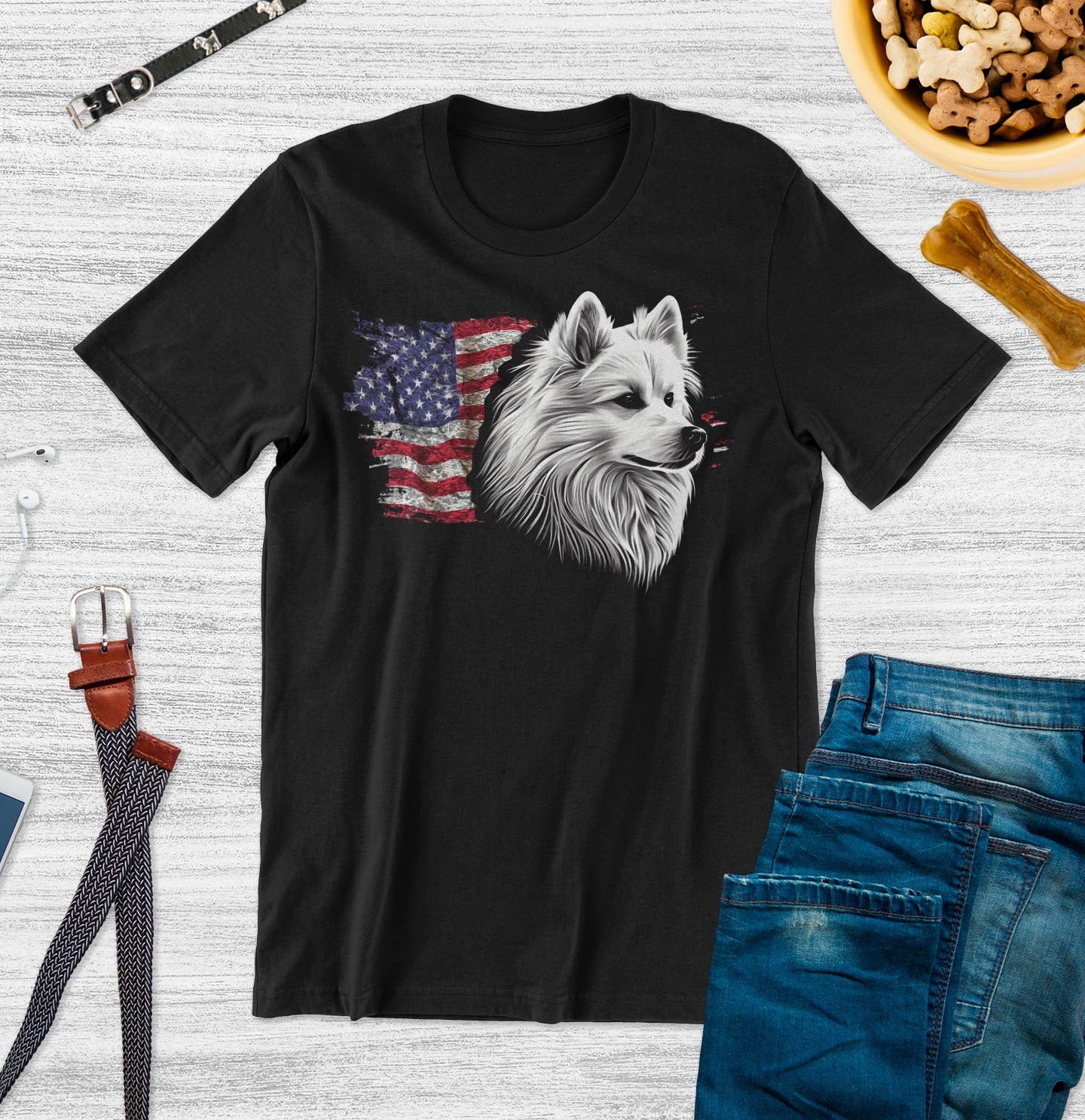 Patriotic American Eskimo Dog American Flag - Adult Unisex T-Shirt